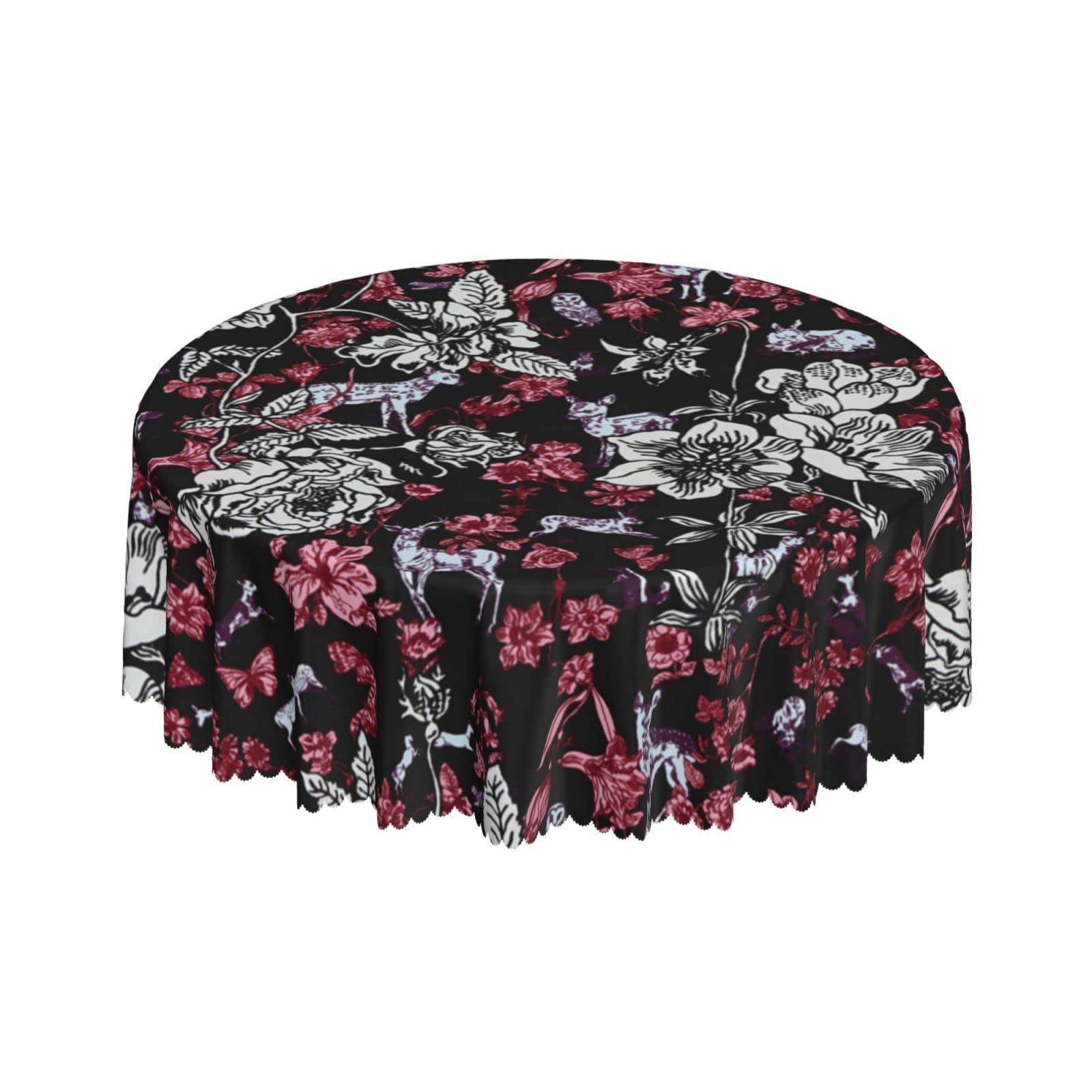Lsjuee Abstract Floral Deer Black Round Tablecloth 60 Inch Printed Washable Tablecloth for Dining Party Holiday Fall Home Decorative