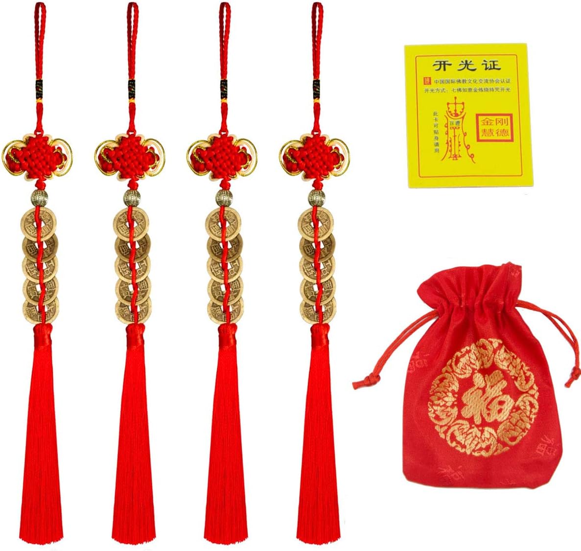 BWinka 4Pcs Chinese Feng Shui Tassel Hanging Fortune Coin Decoration for Wealth and Success for Longevity Travel Safely (4Pcs)