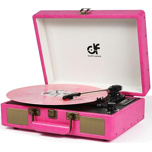 Vintage Bluetooth Suitcase Record Player with Built-in Speakers, 3 Speed Portable Turntable with USB Vinyl Audio Recorder RCA AUX-in & Headphone Jack (Pink)