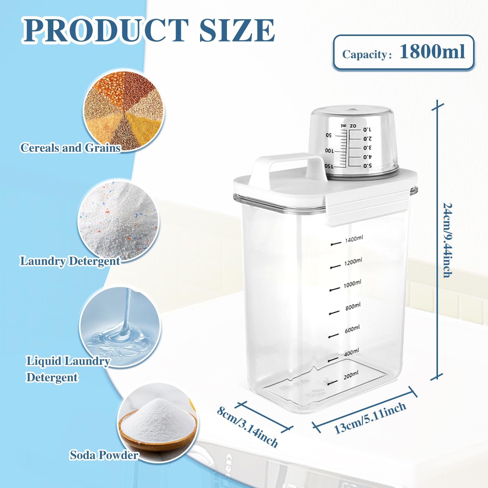 Distributeur Lessive Liquide, 1800ML Doseur Lessive Liquide, BDistributeur de Lessive avec Tasse à Mesurer, Multi-Usage, Étanches à L'humidité, doseur de poudre à laver