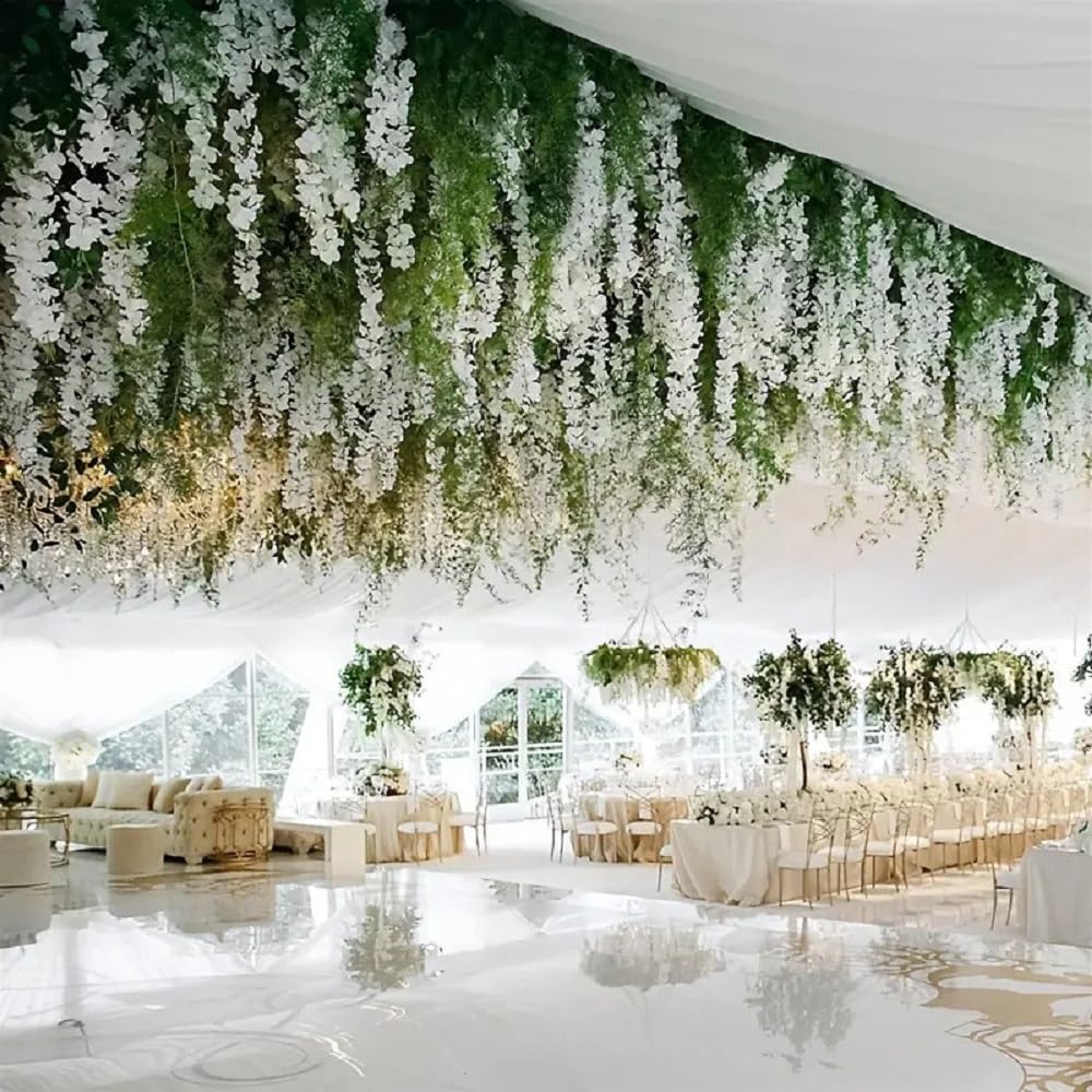 Guirnalda de flores colgantes de glicinia artificial, guirnalda de flores de seda para bodas, fiestas, jardín, decoración de pared del hogar (60 unidades, blanco)