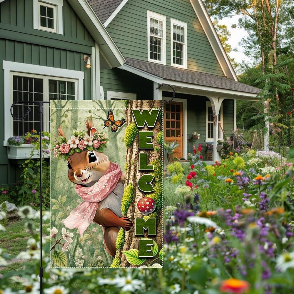 Spring Summer Garden Flag Decorations 12x18inch Burlap Double Sided Squirrel Summer Garden Flags For Outside Yard Home Outdoor Patio Lawn Decor,Welcome Garden Banner (RMQ86, 12"X18") - Image 8