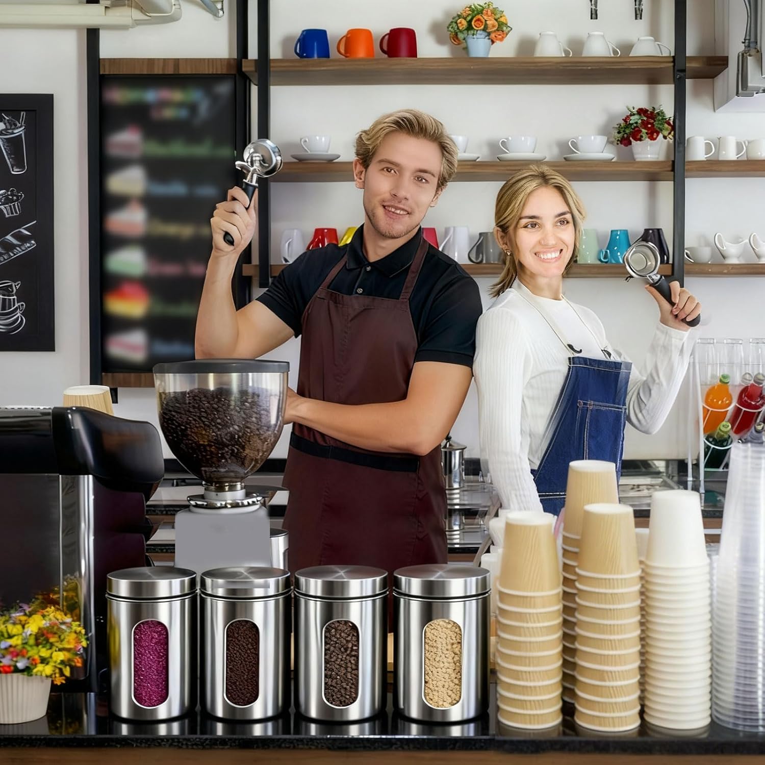 7 Pcs Kitchen Canisters Set with Window Glass 32 oz Stainless Steel Candy Storage Jars with Lids Airtight Coffee Containers for Flour Grains Spices Tea Sugar Cookies Kitchen Decorations