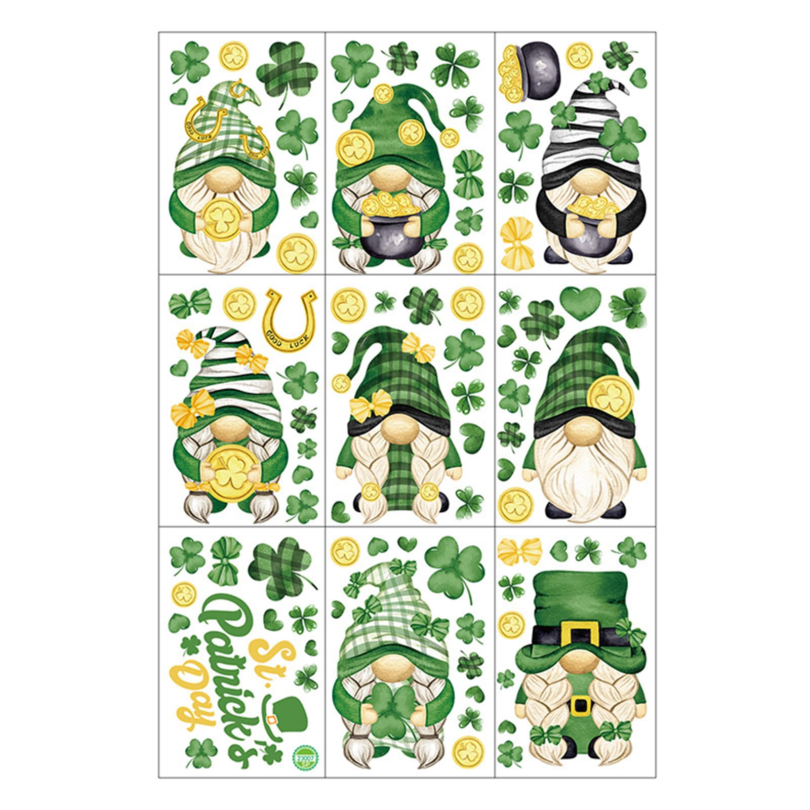 9 Sheets Patricks Day Window Clings Shamrock Leprechaun Gnomes Stickers Holiday Party Supplies Spring Decoration Irish Themed Clings