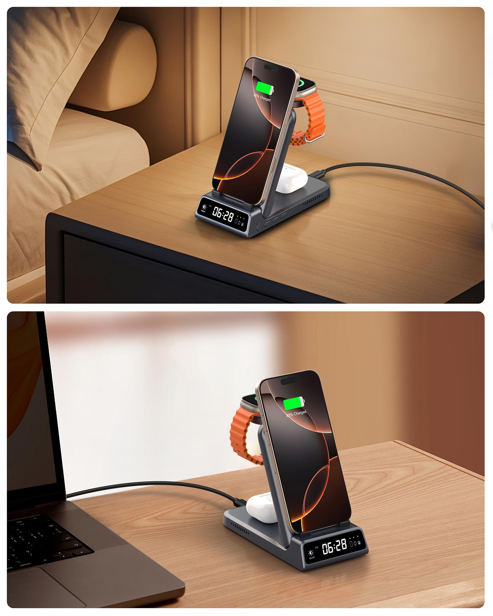 3 in 1 Caricatore Wireless Pieghevole per iPhone Air/17/Apple Watch 11 | Stazione di Ricarica per iPhone 16/15/Apple Watch Ultra 3/SE 3/10/9, Portatile da Viaggio, con Display Ora, Senza Adattatore