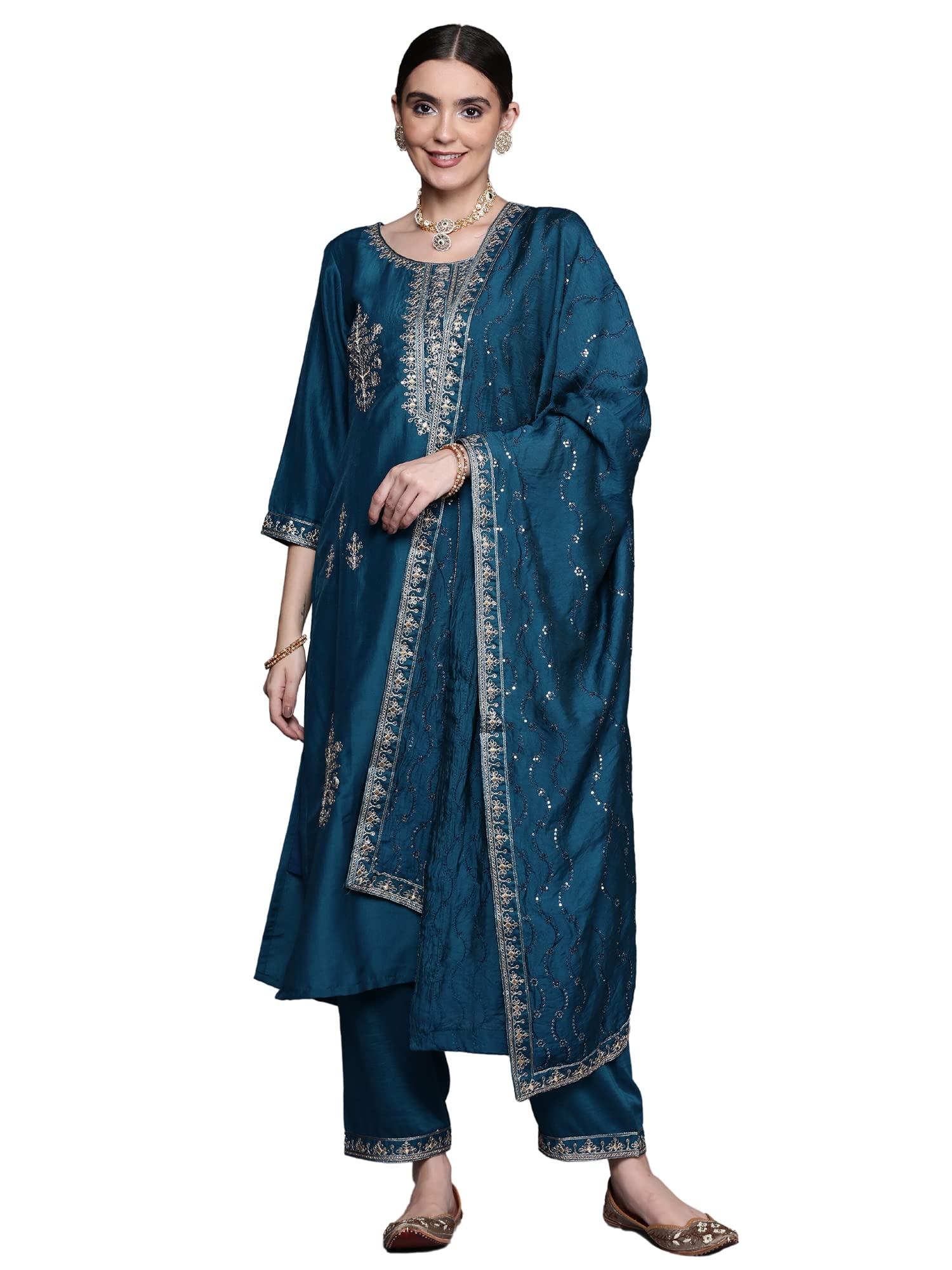 INDO ERAStraight Embroidered Cotton Blend Kurta Trouser With Dupatta Set For Women (KH9WN7112)