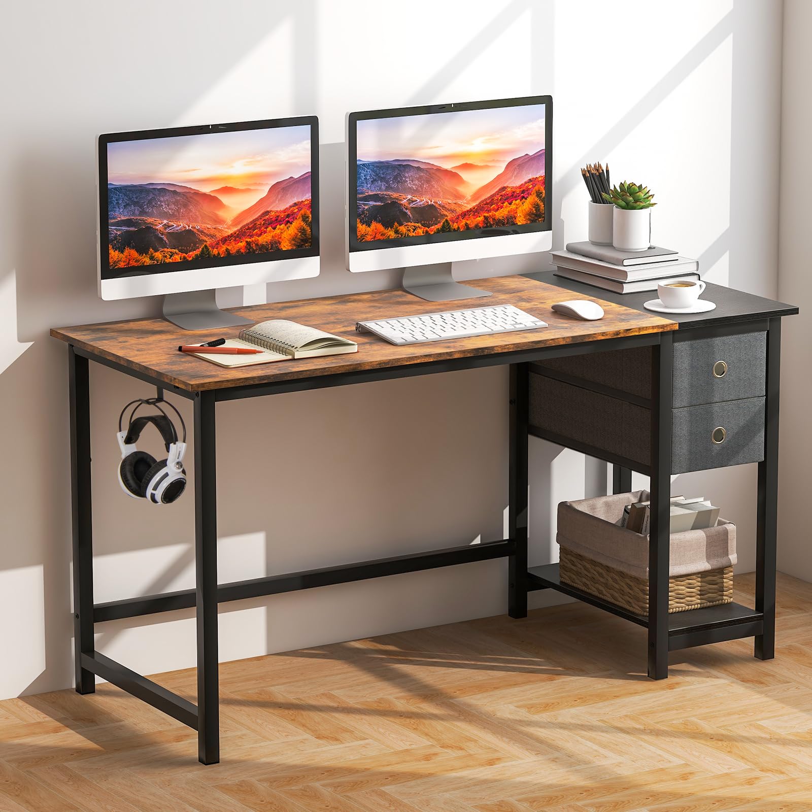 LIFEZEAL Scrivania Ufficio, Scrivania Porta Computer, con 2 Cassetti e Gancio, Postazione di Lavoro, per Studio, Stile Industriale, Scrittoio, Desk, in Legno+Metallo, 140x60 cm