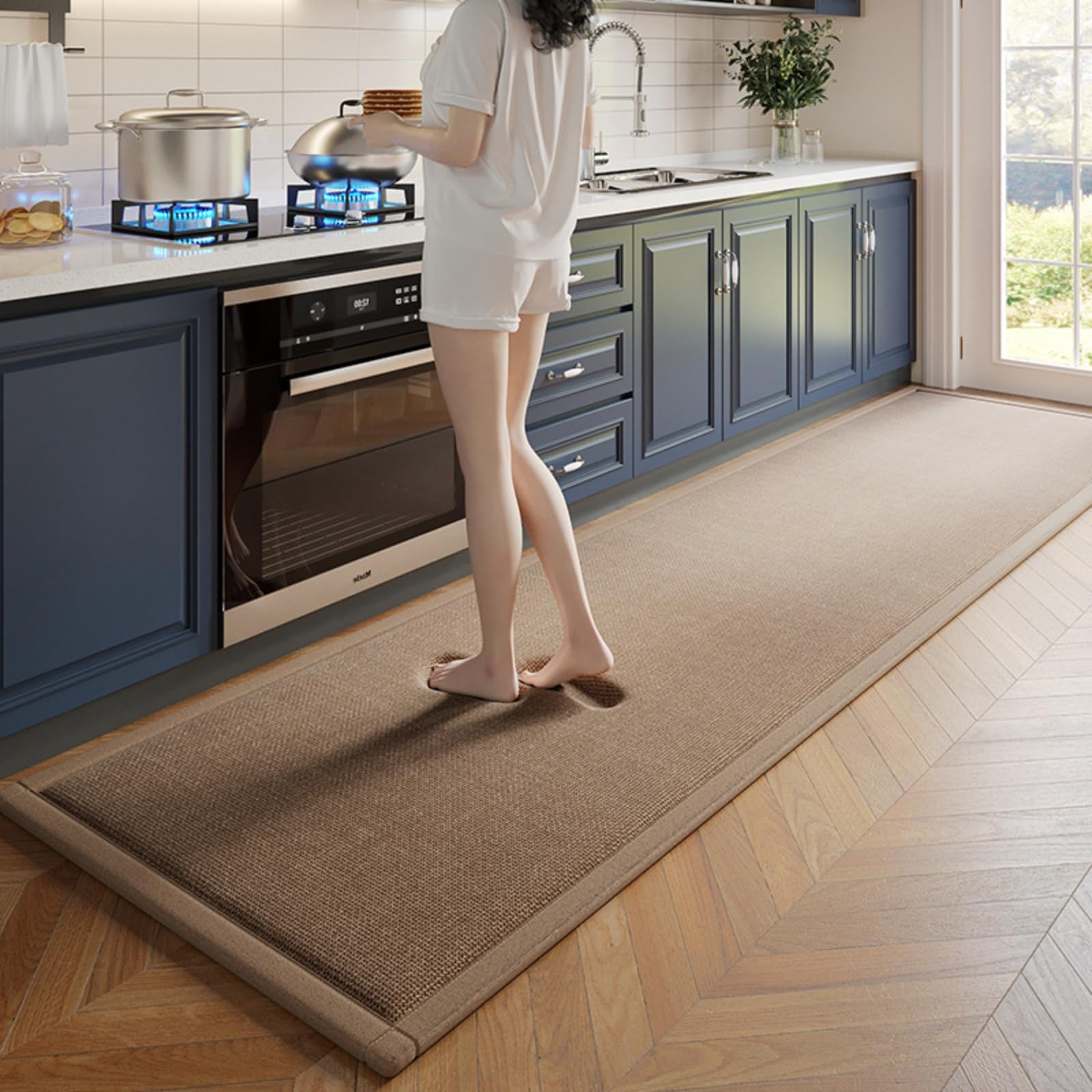 BANEBOR Anti Fatigue Linen Kitchen Floor Mat, Etra Thick Memory Foam Cushioned Runner, Waterproof Standing Mat for Sink, Laundry (Brown, 18''x47'')