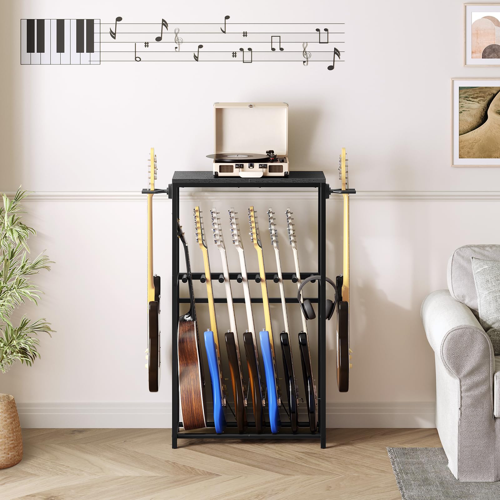 MAHANCRIS Soporte de Guitarra, Estantería para 7 Guitarras de Dos Niveles, para Guitarra Acústica, Guitarra Eléctrica, Bajo, Ukelele, Banjo, Revestimiento Protector de EVA, Negro AGSHB6701
