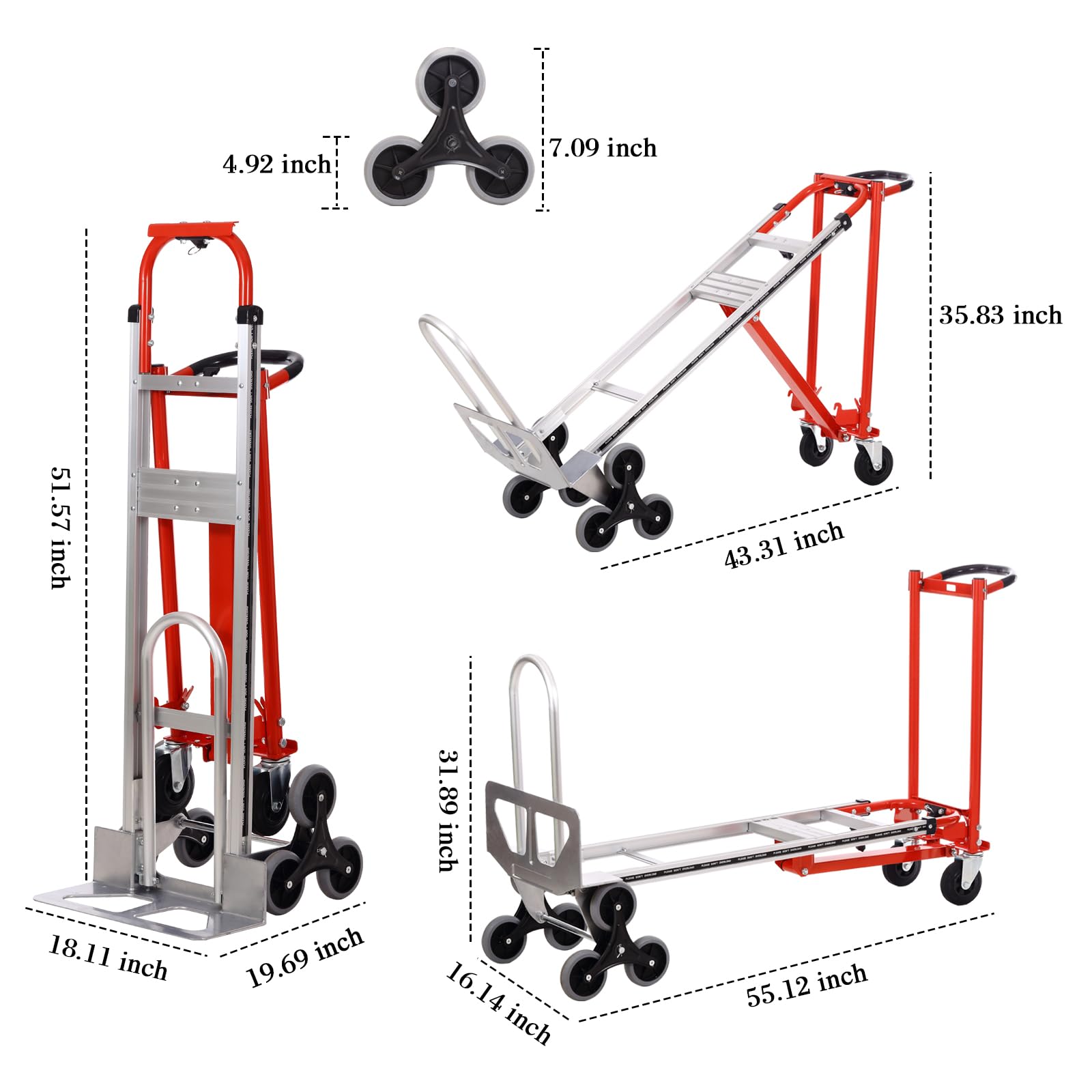 3-in-1 Industrial Convertible Hand Truck Dolly,1000 lbs Capacity Aluminum Hand Truck for Stairs,Hand Trucks Heavy Duty Dolly Cart with Stair Climbing Wheels for Moving,Transport(Red)
