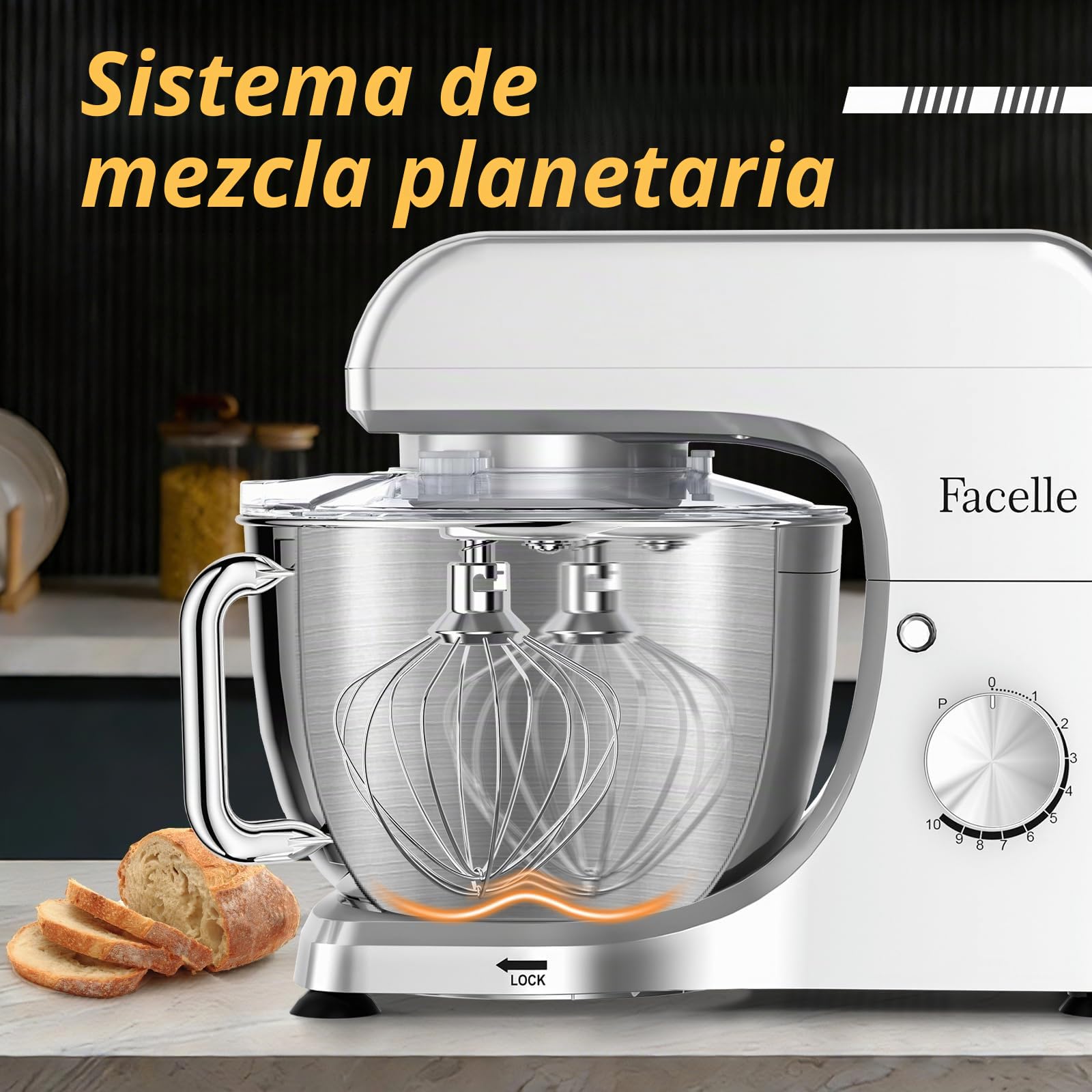 Facelle Batidora Amasadora de Repostería 1500W, Amasadora de Pan con 10 Velocidades + Función Pulse, Bol de Acero Inoxidable de 5,5L, Movimiento Orbital, con Varillas, Gancho Amasador y Batidor Plano