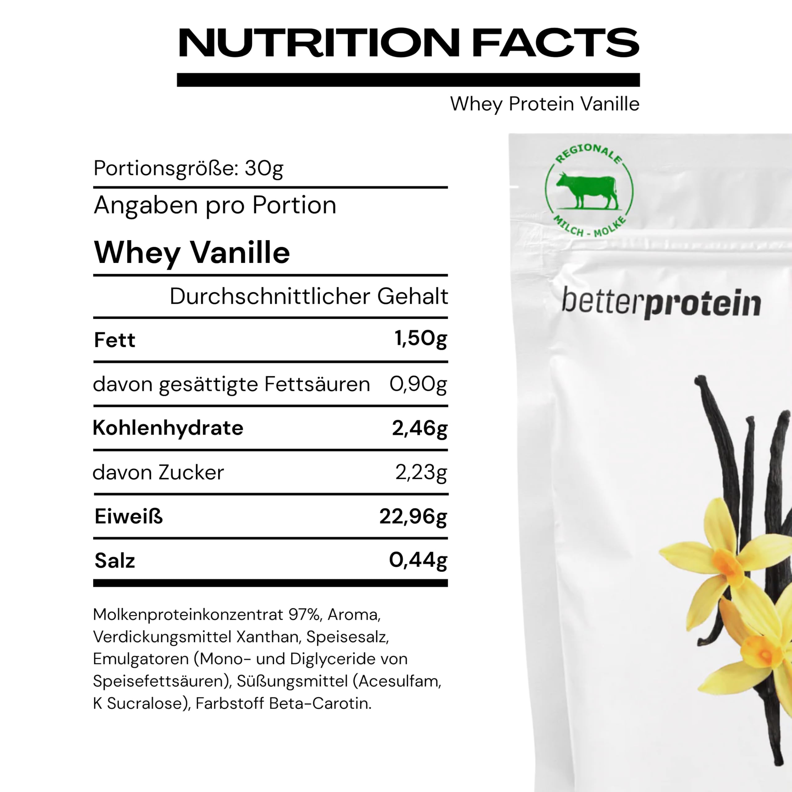Whey Protein - Vanille 1 kg - Produziert in Deutschland aus regionaler Milch - BetterProtein® - Eiweißpulver zum Muskelaufbau und Abnehmen - Beutel