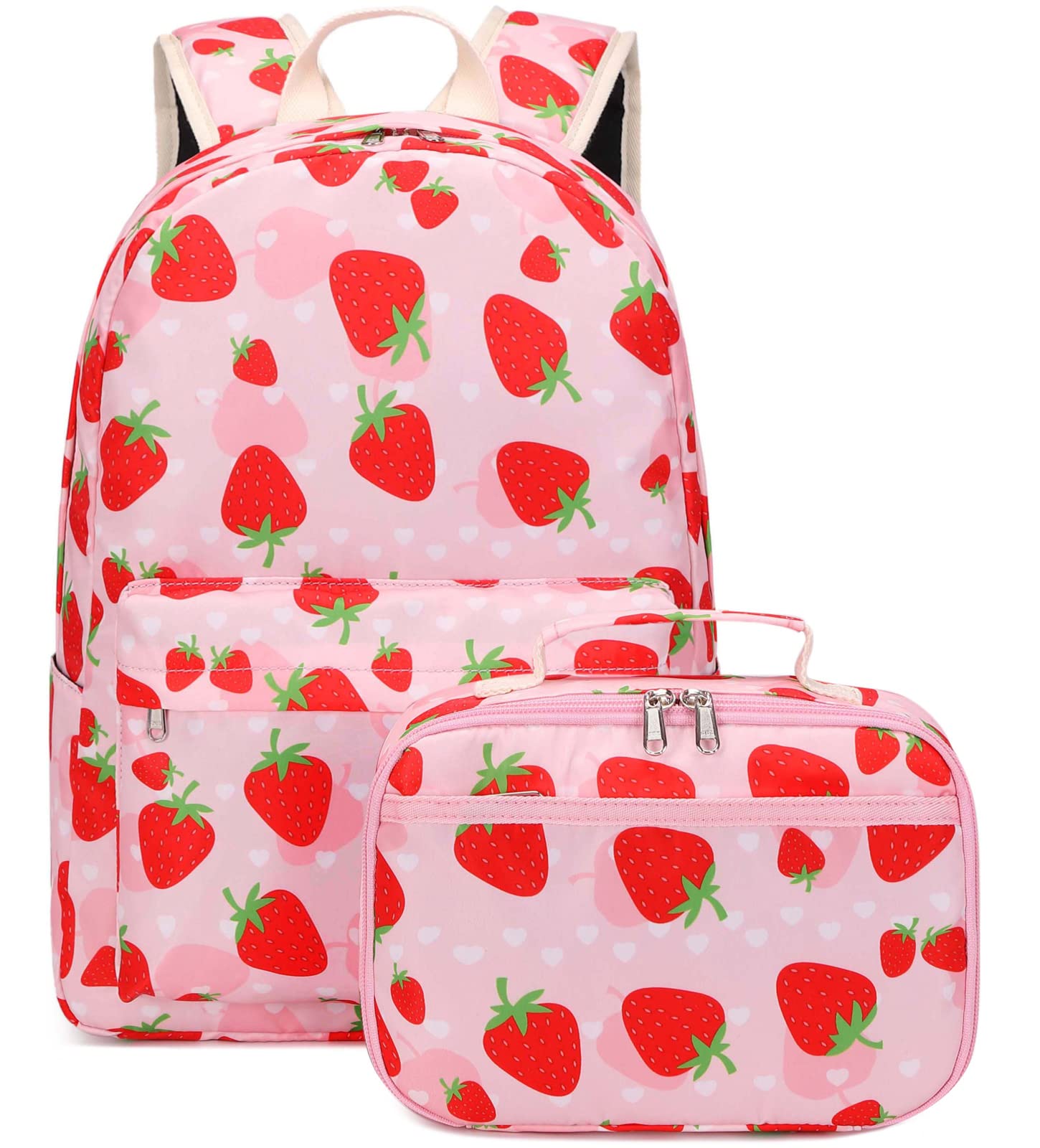 JIANYABackpack for Girls Elementary Kids Bookbag School Backpack with Lunch box, Strawberry-Pink