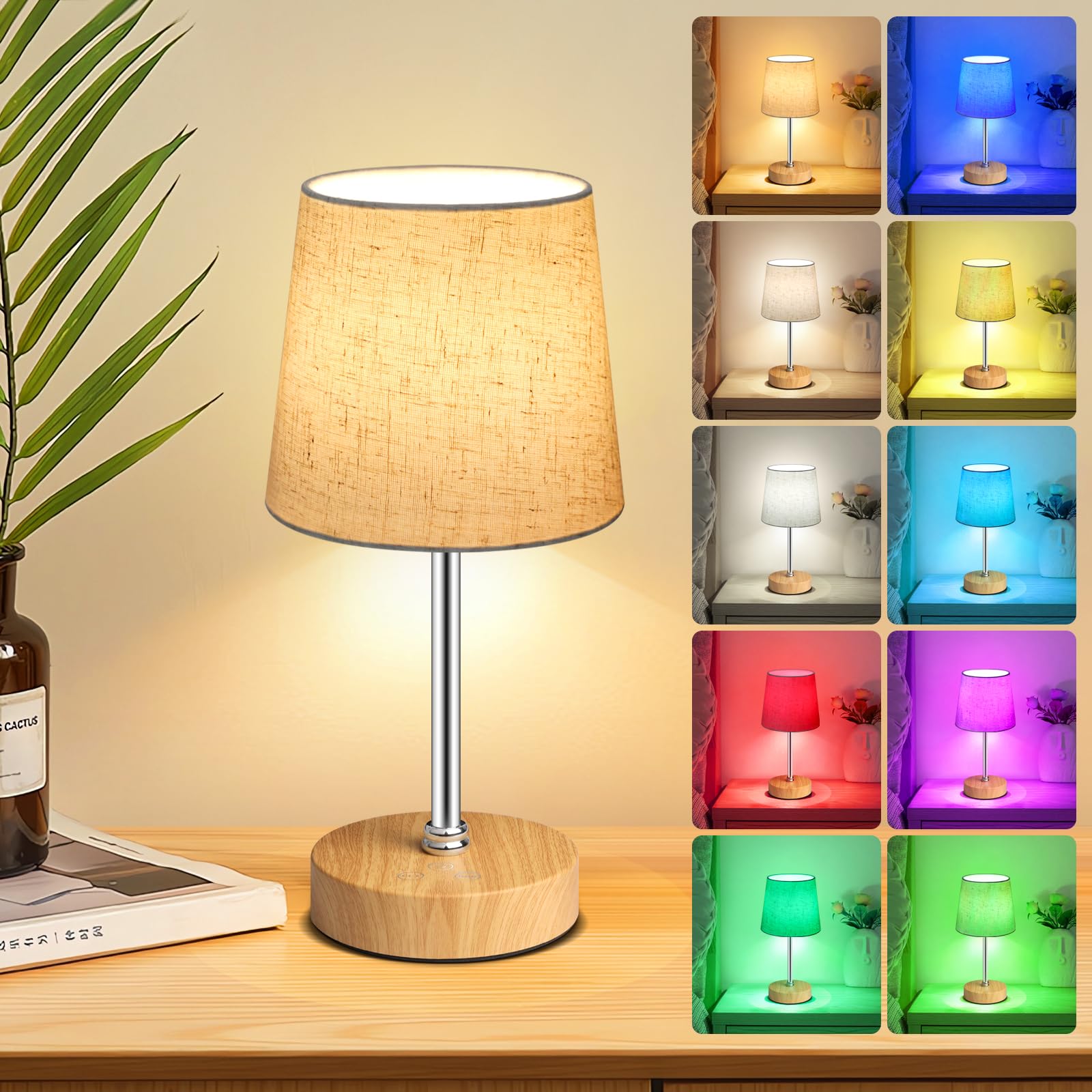 Wowag Piccola lampada da tavolo senza fili, 5000 mAh, ricaricabile a batteria, 3 colori e 7 RGB dimmerabile, luce notturna portatile da comodino per patio, ristorante, casa, base in legno, paralume in