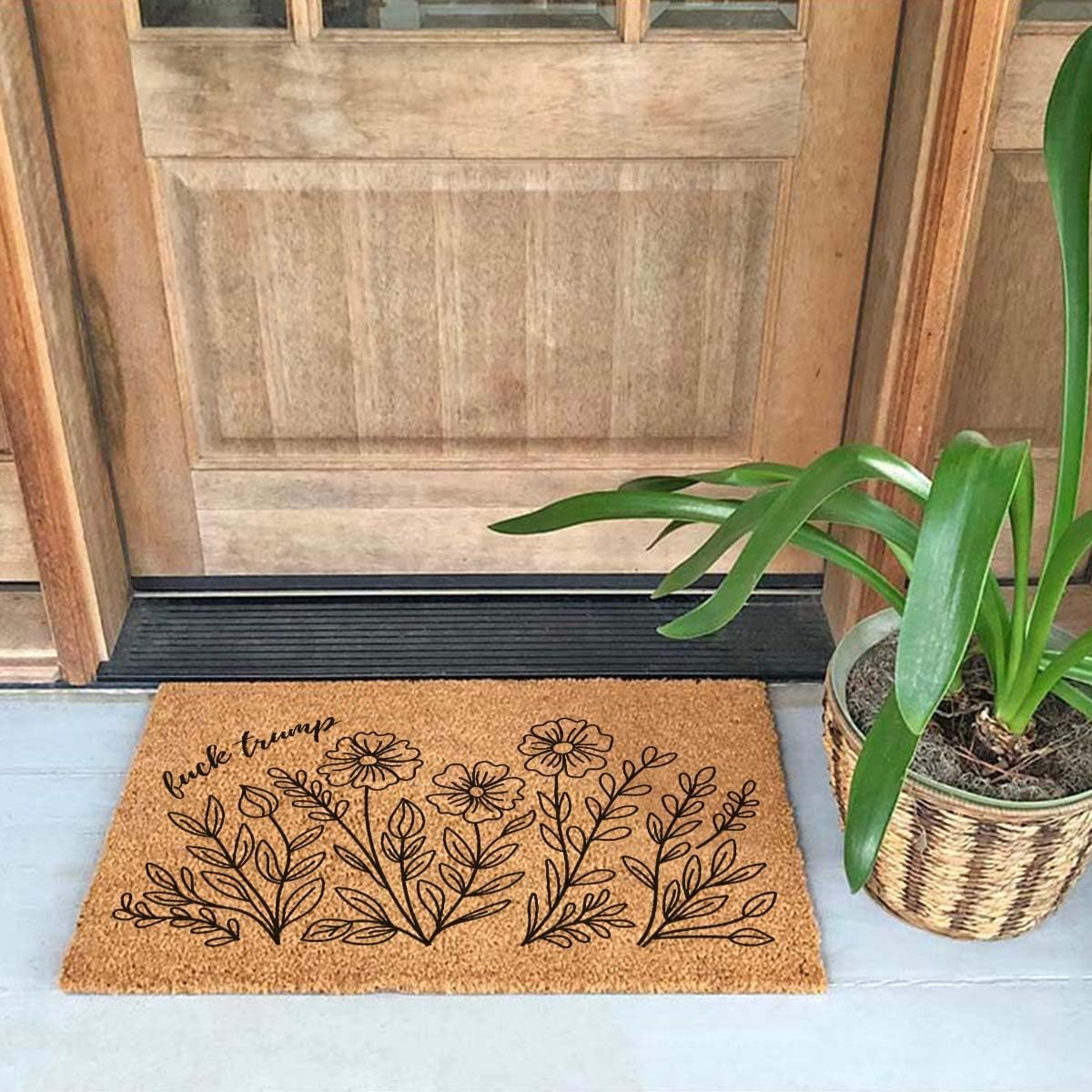 Funny Coir Doormat 23.6 x 15.7 inch Personalized House Warming Gift Mat for Outside Entrance Front Porch Patio Door Non-Slip Decor (Trump Wildflower)