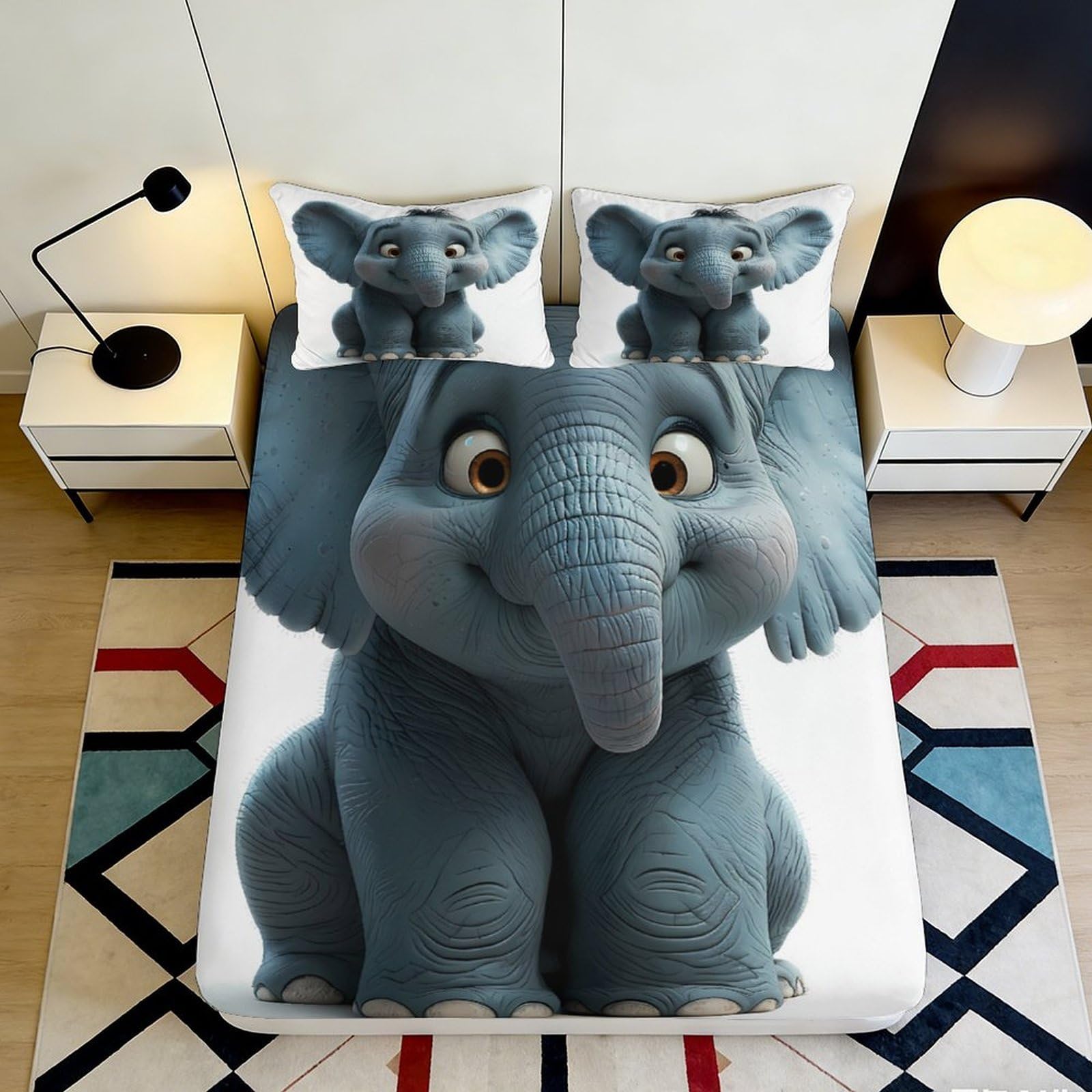 3D Printed Cute Elephant Fitted Sheet Microfiber Soft Breathable Cartoon Animal Bed Cover for Bedroom Dormitory Guest Room Mattress Protection Decor 140x200x25cm