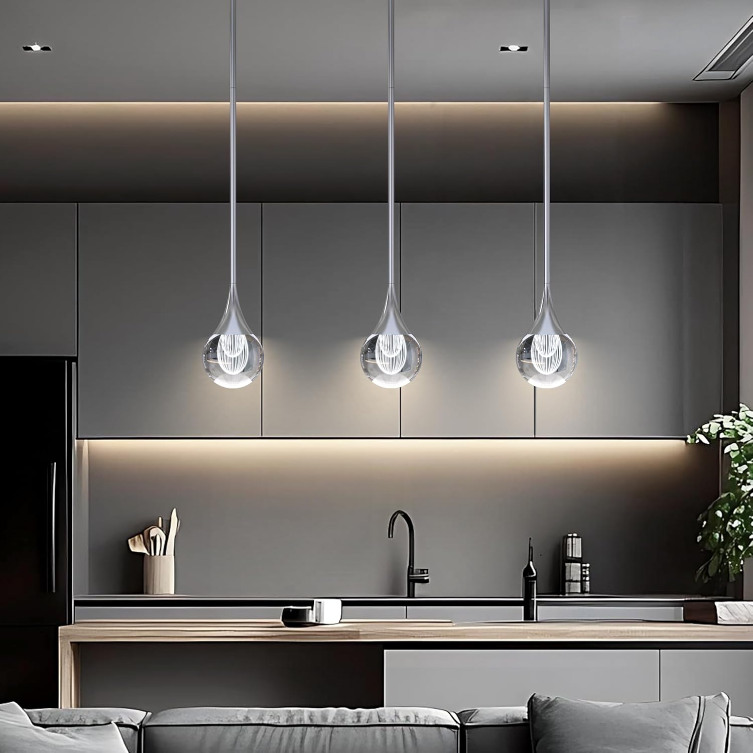 3-Pendant Lights Kitchen Island, Silver Crystal Globe Ceiling Hanging Light Fxitures, LED Light Fixtures Metal Rod Ceiling Glass Pendant Lighting for Kitchen Island Dining Room Bar