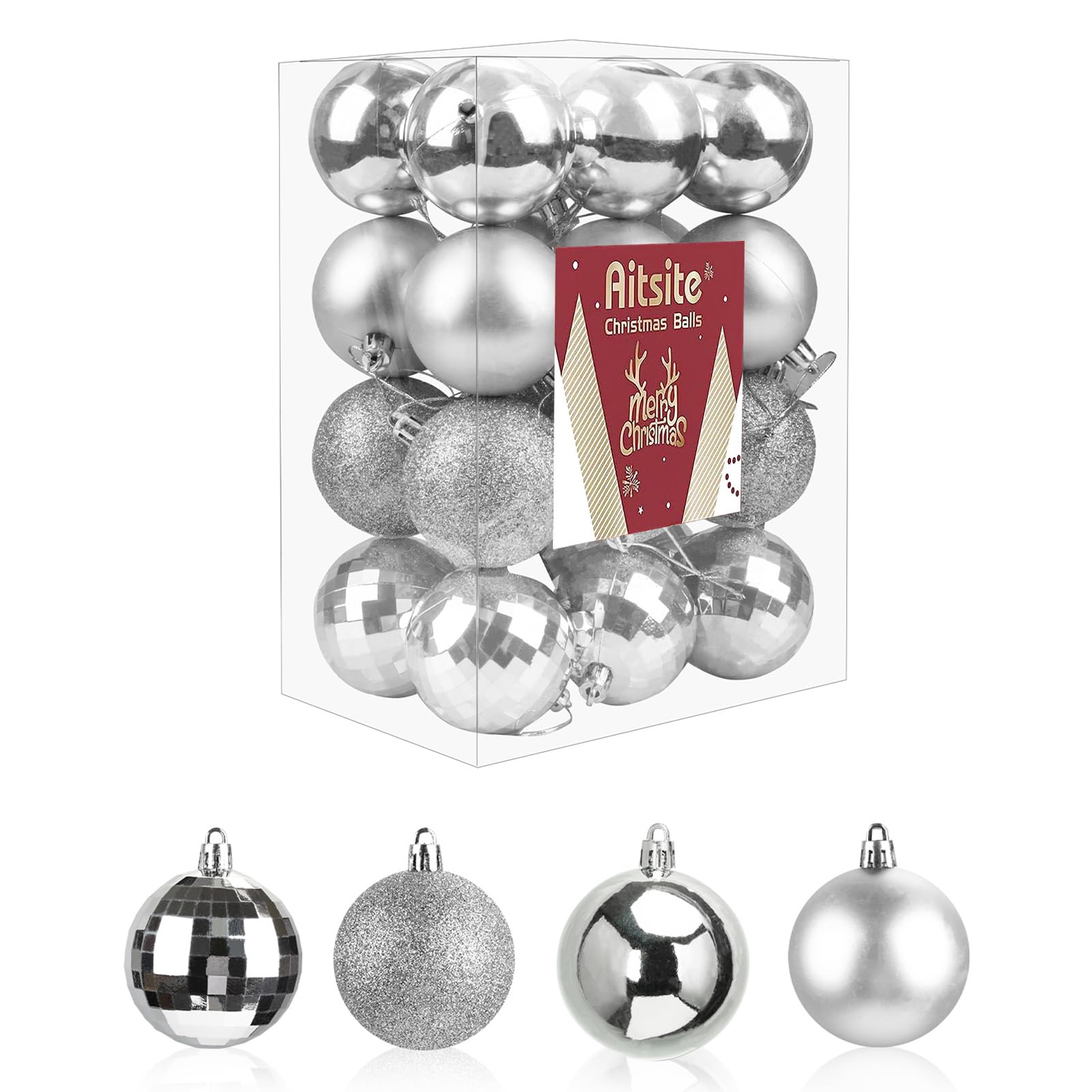 Aitsite 24ct Mini Shatterproof Christmas Ornaments Set, 1.57 Inch Diameter, Silver, Glossy, Frosted, Glitter, Mirrored, Perfect for Christmas Decorations
