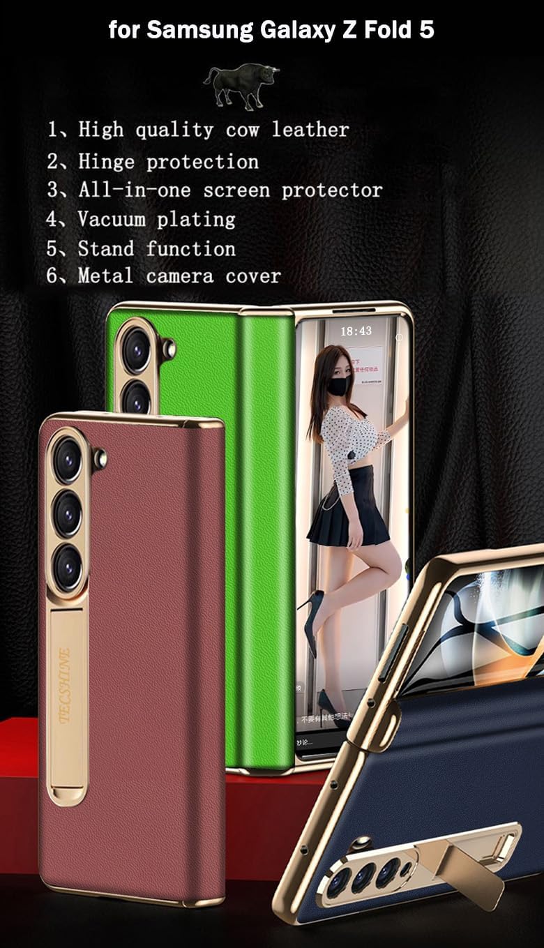 Leather Case for Samsung Galaxy Z Fold 5, Hinged Cover for Huawei Samsung Z Fold5 Phone, Mobile Phone Shell, Support Frame, Leather Holster