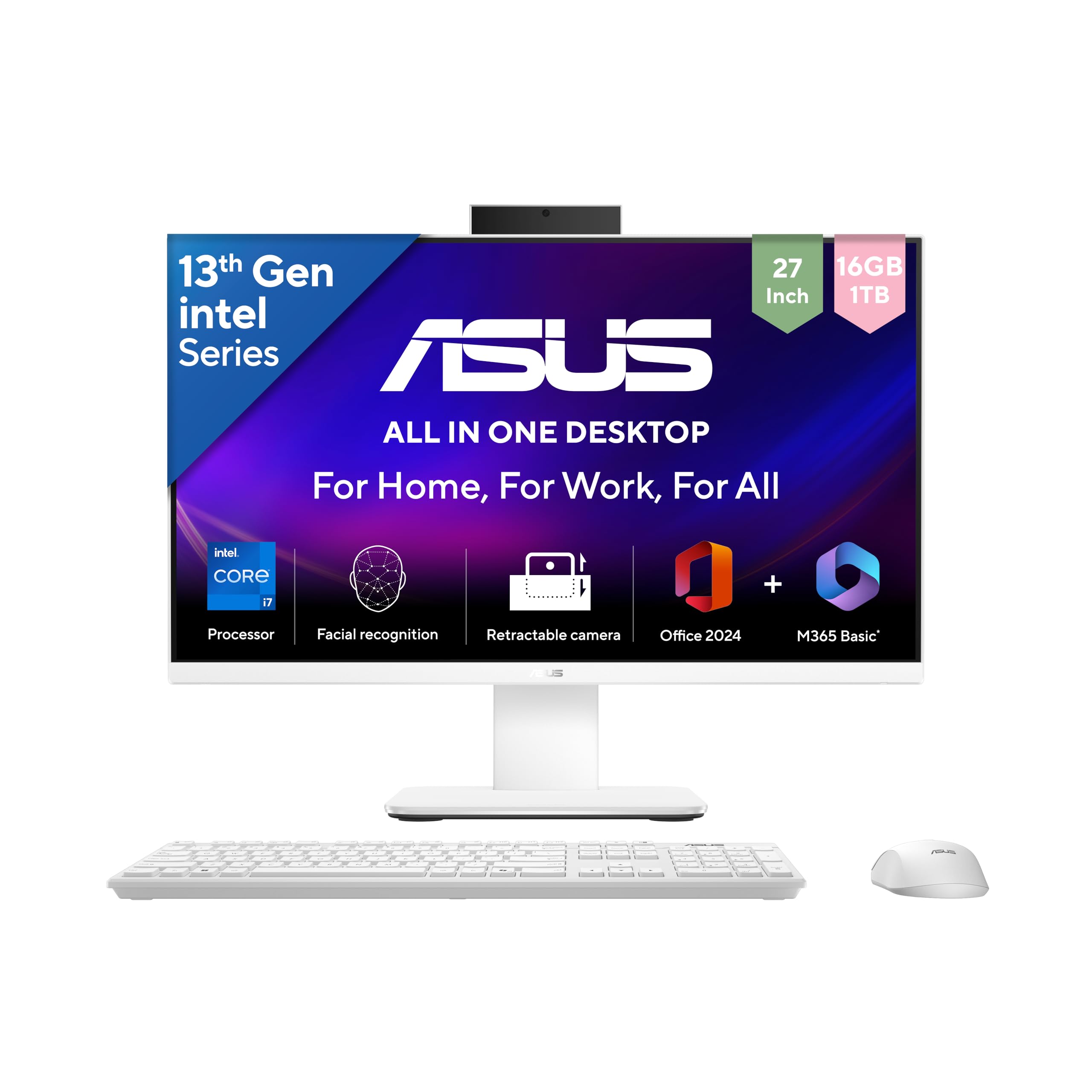 ASUS AiO V470,13th Gen Intel Core i7-13620H, 27" FHD,100Hz,All-in-One PC(16GB RAM/1TB SSD/Windows 11/Office 24/Retractable Camera/Wireless Keyboard & Mouse/M365 Basic (1Year)*) V470VA-KWPE006WS