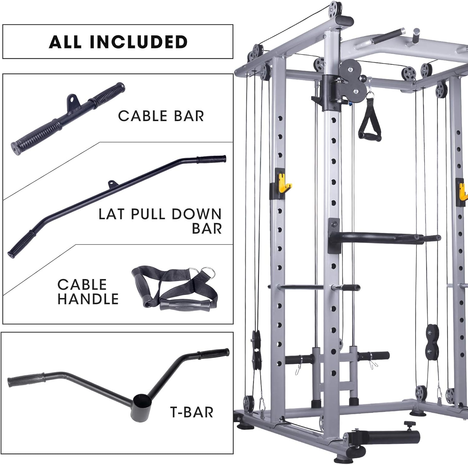 Mikolo Multi-Function Power Cage, 1200 lbs Commercial Weight Cage with Cable Crossover Machine, J-Hooks, Landmine, T-Bar, Dip Bars, Barbell Holder, and Other Attachments(2021 New Version) : Sports & Outdoors