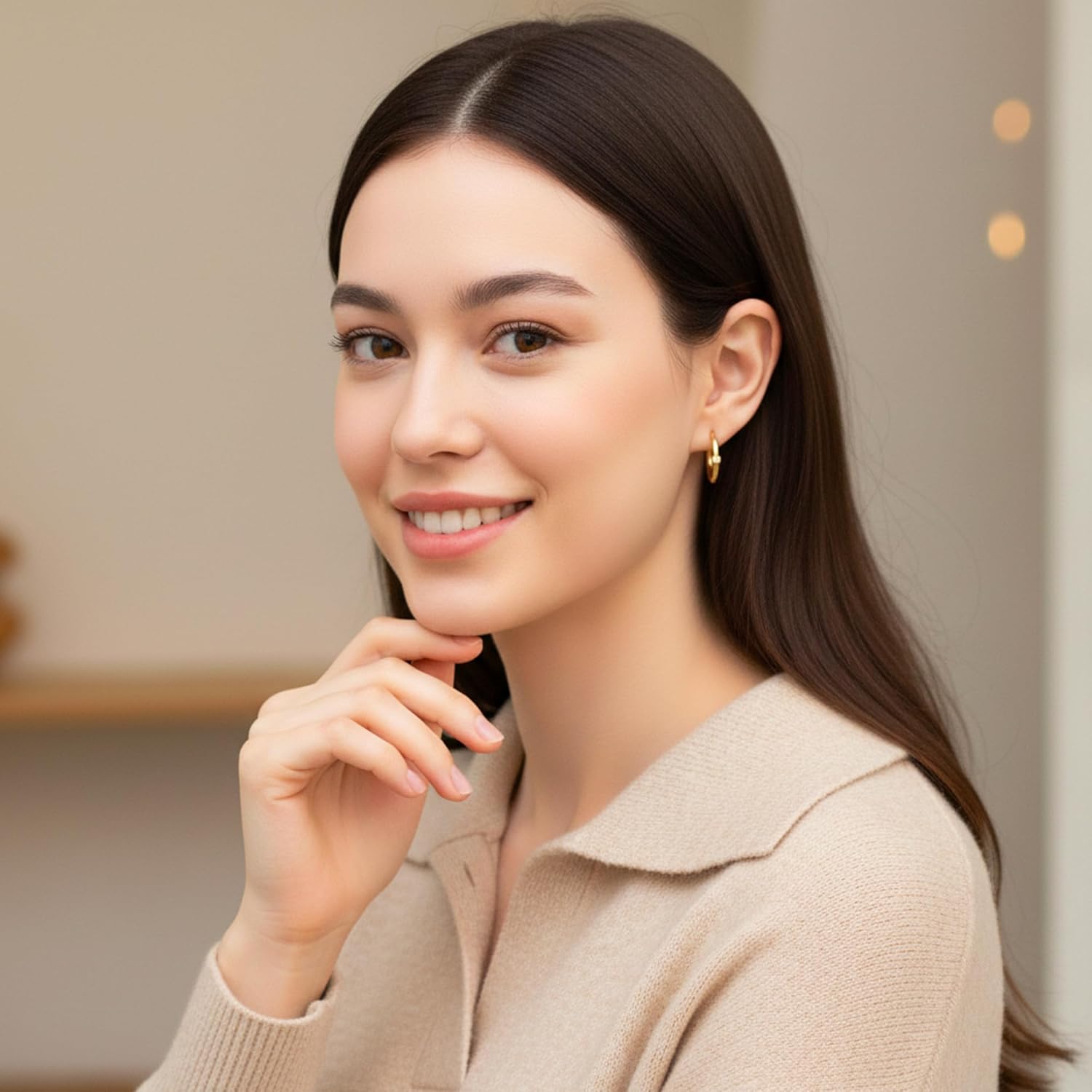 Leporem Mini Glow 18K Gold-Plated Hoop Earrings with Mother of Pearl Center – Small 13.8 mm/Medium 19 mm Sizes (Women’s) Minimalist Elegant Gift