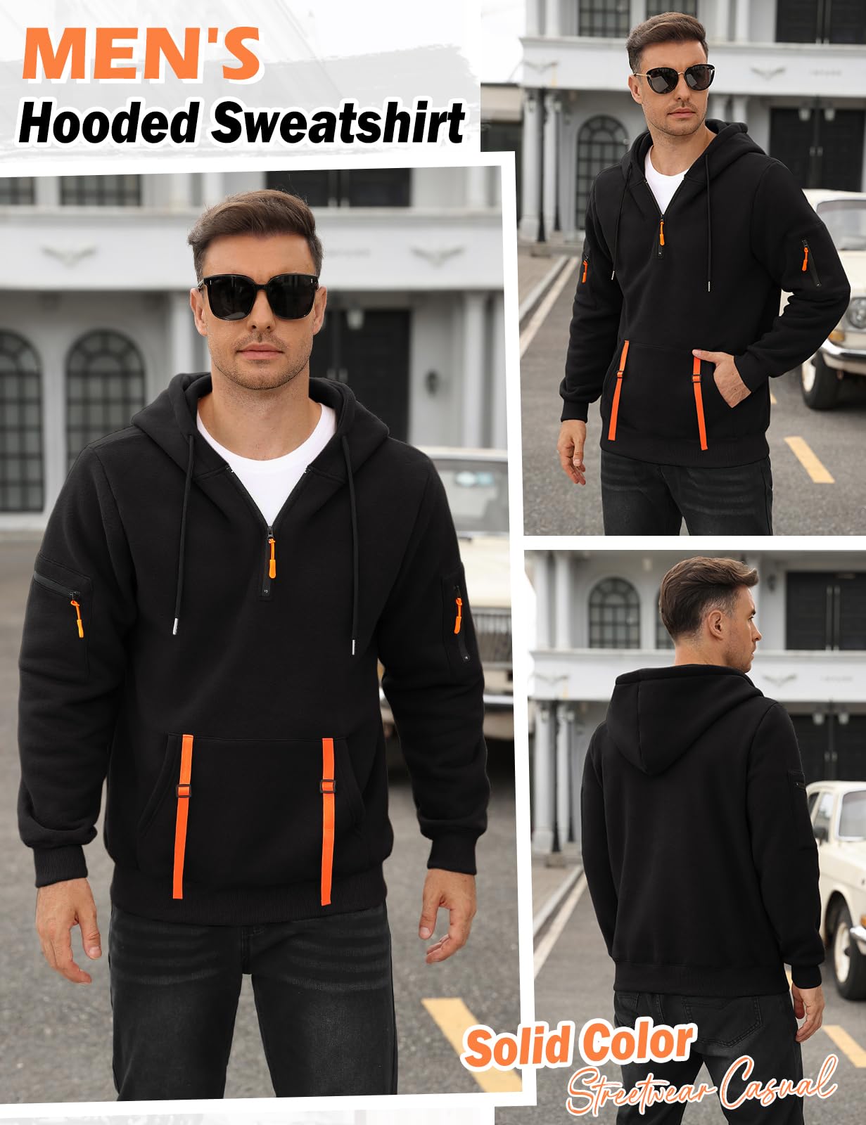 Voqeen Felpa Uomo con Cappuccio Quarto di Zip Coulisse Felpe in Pile Manica Lunga Hoodie Causale Loose Fit 1/4 Zip Sport Tracksuit Top con Tasche A Canguro