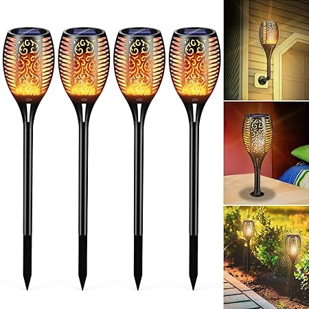 Amazm 4 Pack Solar Torch Light with Flickering Flame, Upgraded Solar Flame Torch for Garden Decorations, Waterproof Solar Outdoor Lights for Party Yard Patio Outside Diwali Decoration - Auto On/Off