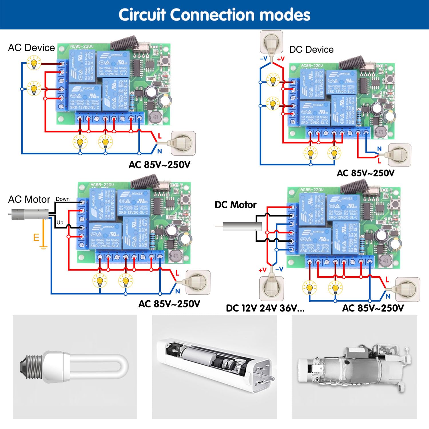 DieseRC Interrupteur de télécommande universel, récepteur de relais RF AC 230V/220V 10A 4CH 433Mhz avec 2 émetteurs pour moteur, porte de garage, lumière, rideau électrique, interrupteur de bricolage
