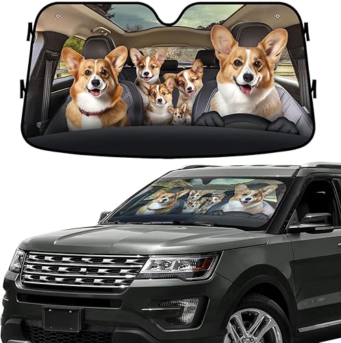 Lindo parasol para parabrisas de la familia de perros Corgi divertido para automóvil, SUV, camión (55 x 30 pulgadas), parasol para ventanas