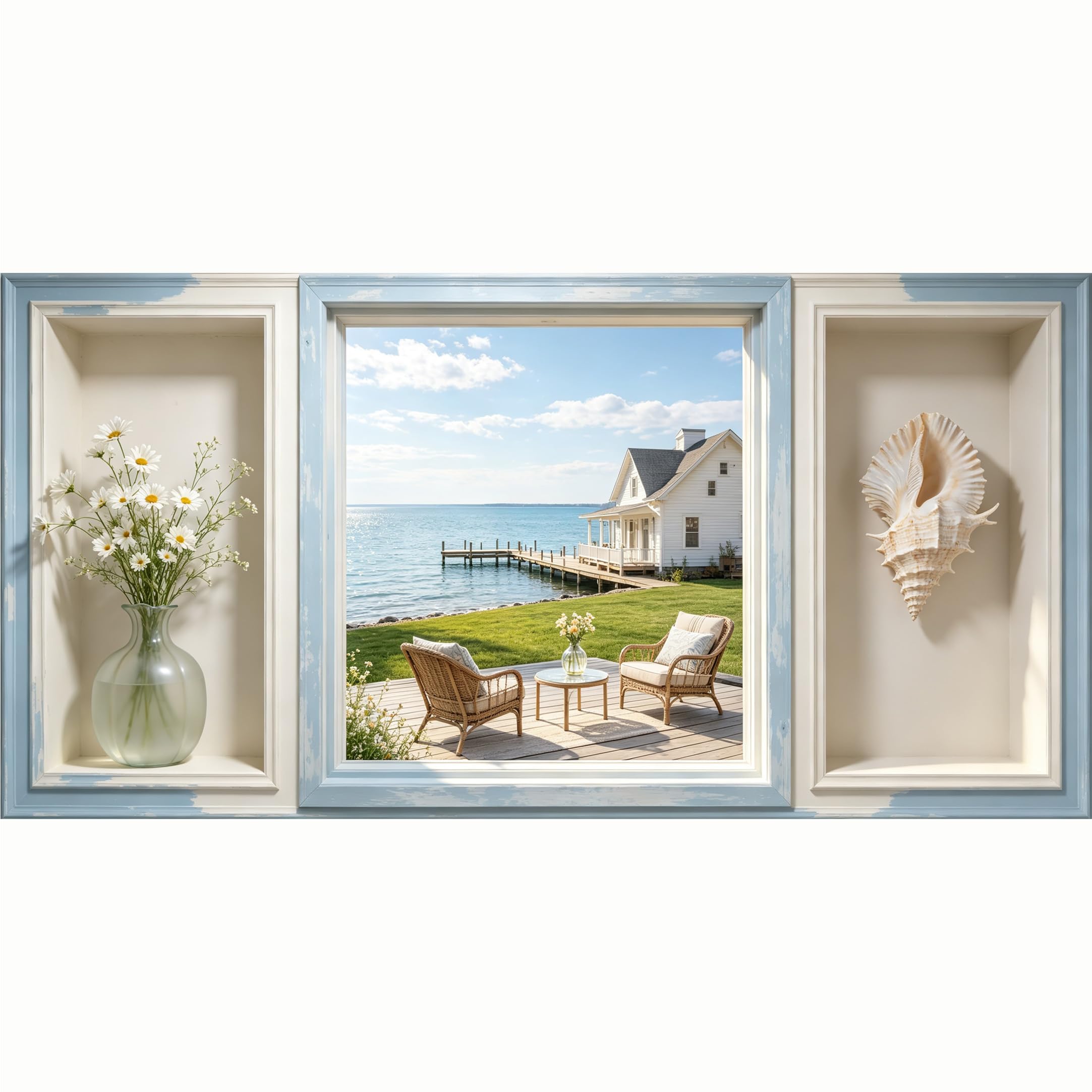 QZLITHOTIC 50x100cm 3D Framed Wall Art， Coastal Farmhouse Lakeside Cottage View Self‑Adhesive Mural， Water‑Activated Peel & Stick Fabric Decor Wall Decal for Bedroom Living Room