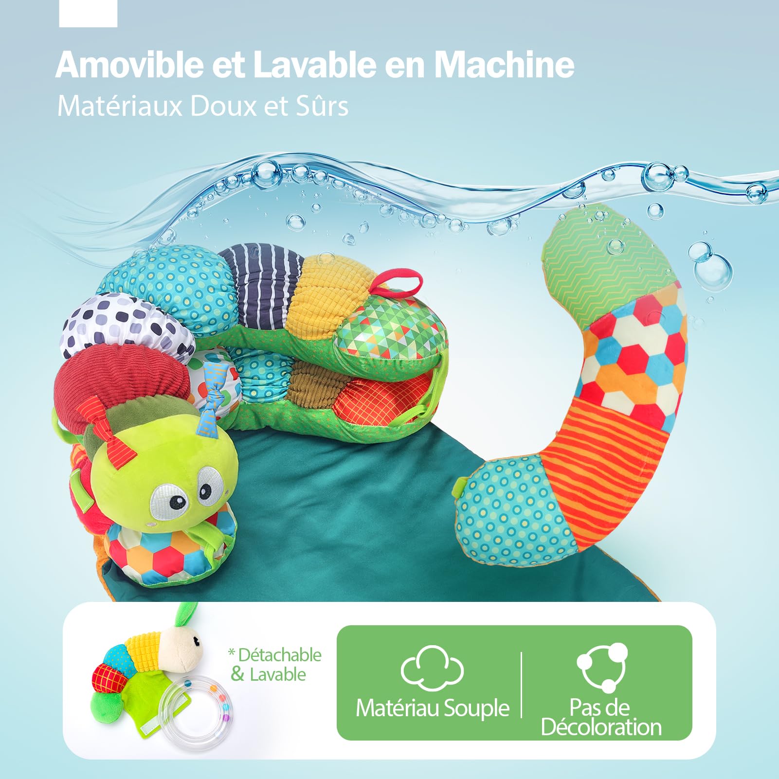 hahaland Jouet Bebe 0-3 6 9 Mois, 3 en 1 Tummy Time Chenille Coussin Bebe Tapis d eveil Bebe avec Anneau Dentition Bebe, Hochet et Miroir, Jouet d'activité et développement pour Nouveau-Nés 0-6Mois