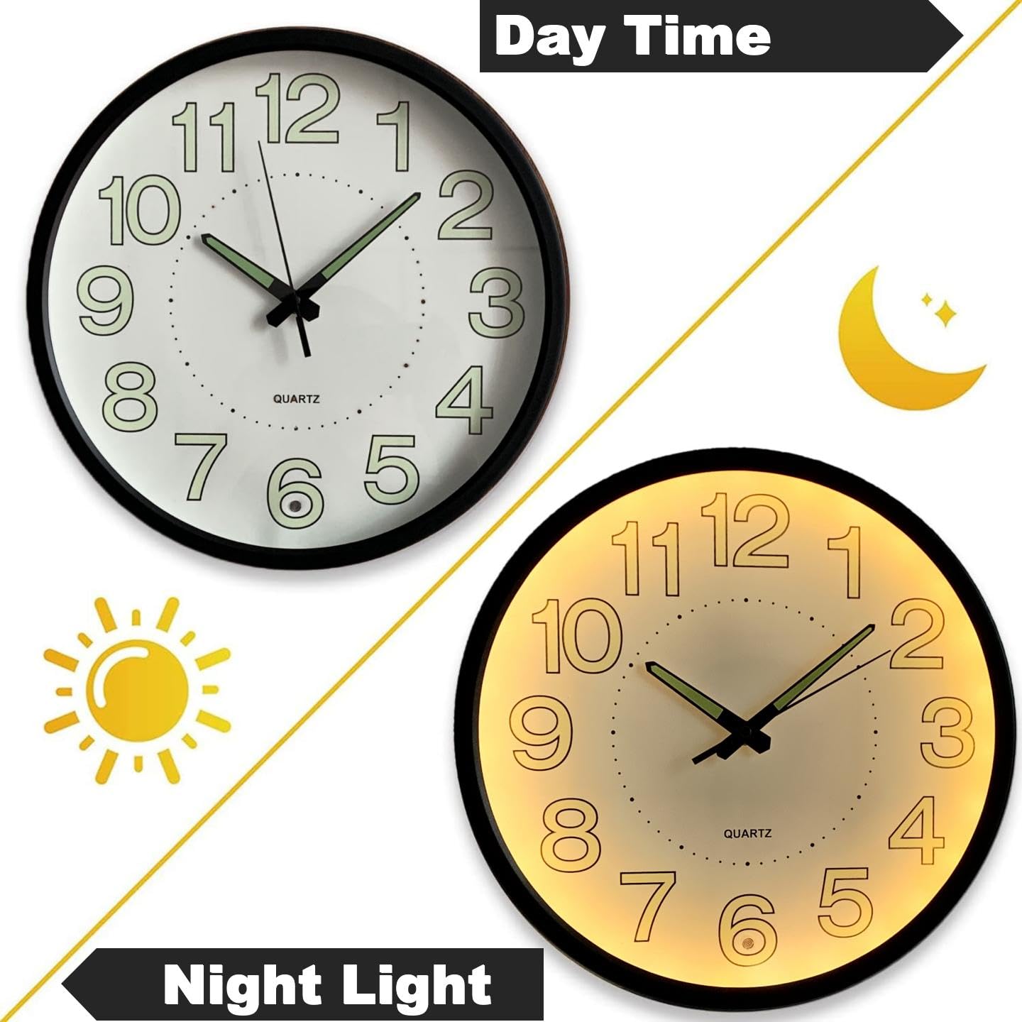 Orologio da parete con luce notturna da 30,5 cm, con funzione silenziosa e senza ticchettio, grandi numeri solidi facili da leggere sia di giorno che di notte (nero)