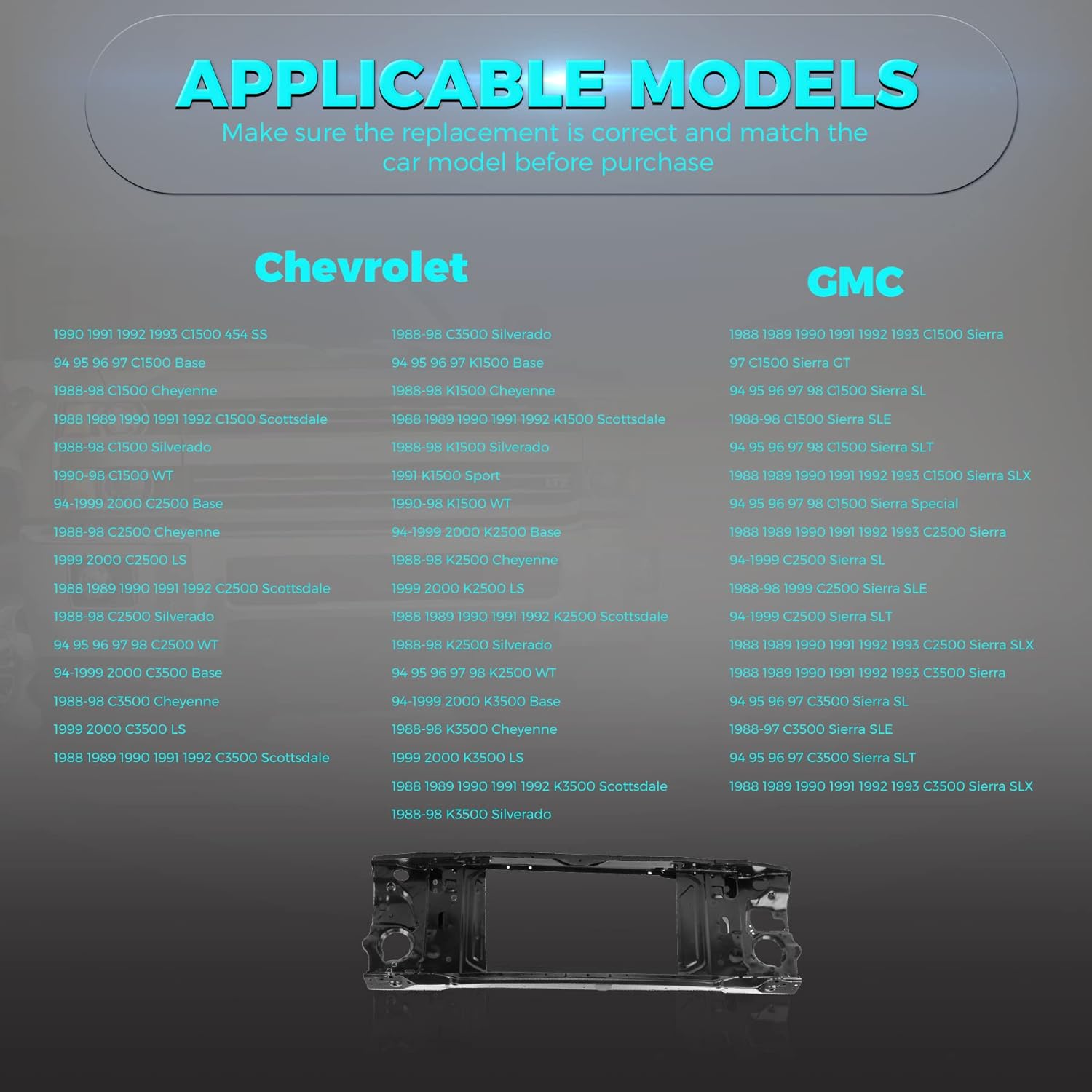 Front Black Steel Radiator Support Compatible For 88-99 Chevy Cheyenne Silverado GMC Sierra C/K 1500 2500 3500 Fits 15977662 GM1225110