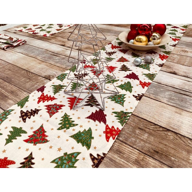 Jolee Christmas Cream, Red & Green Trees Cotton Table Runner – 30cm × 200cm | Festive Holiday Table Decor, Durable & Easy-Care Fabric for Dining