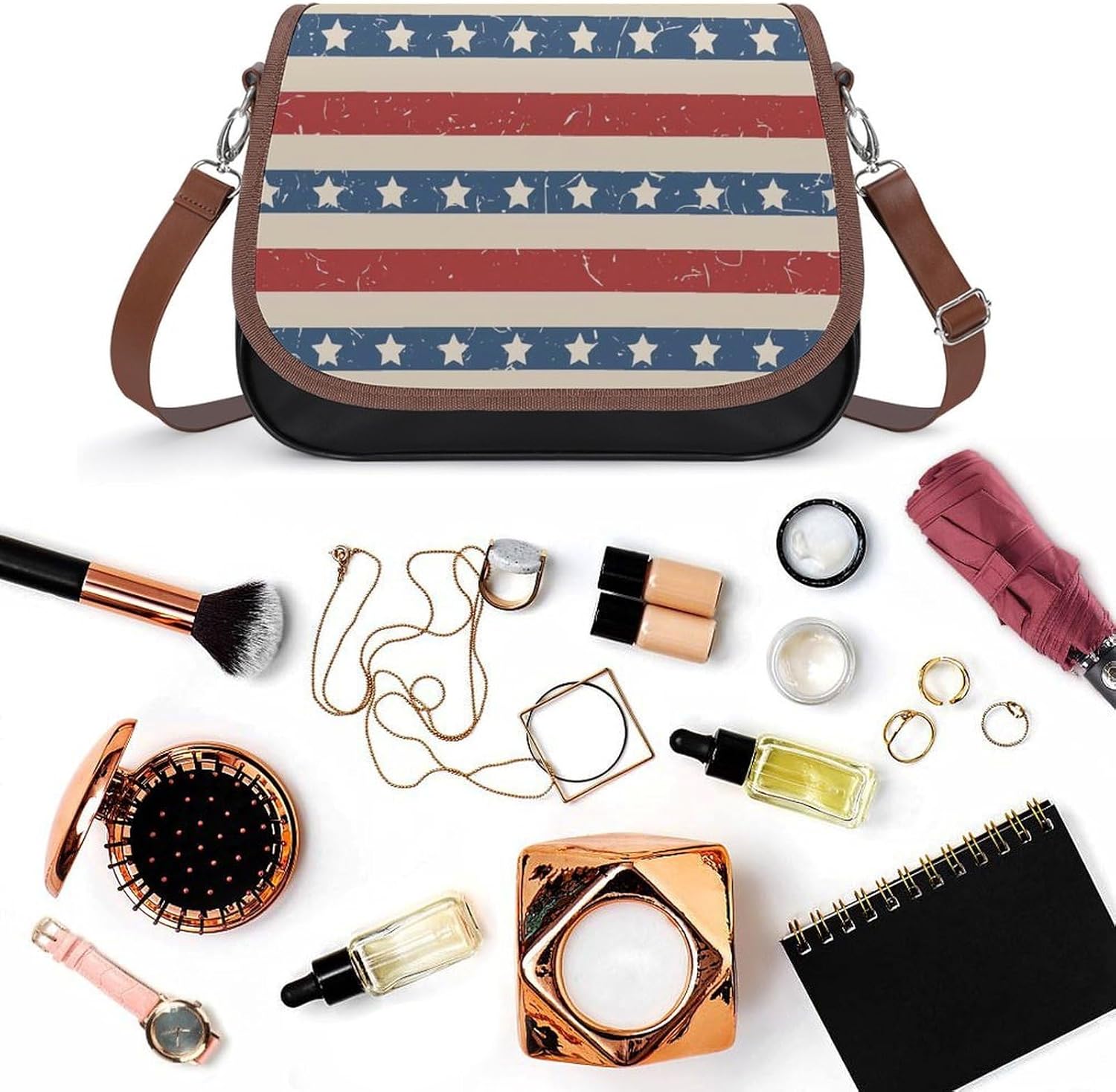 American Patriotic Stars And Stripes -1Women's Faux Leather Crossbody Bag, Waterproof Wrinkle-Resistant Shoulder Bag with Detachable Strap, Large Capacity Casual Handbag, Fashion Daily Purse for Shopp
