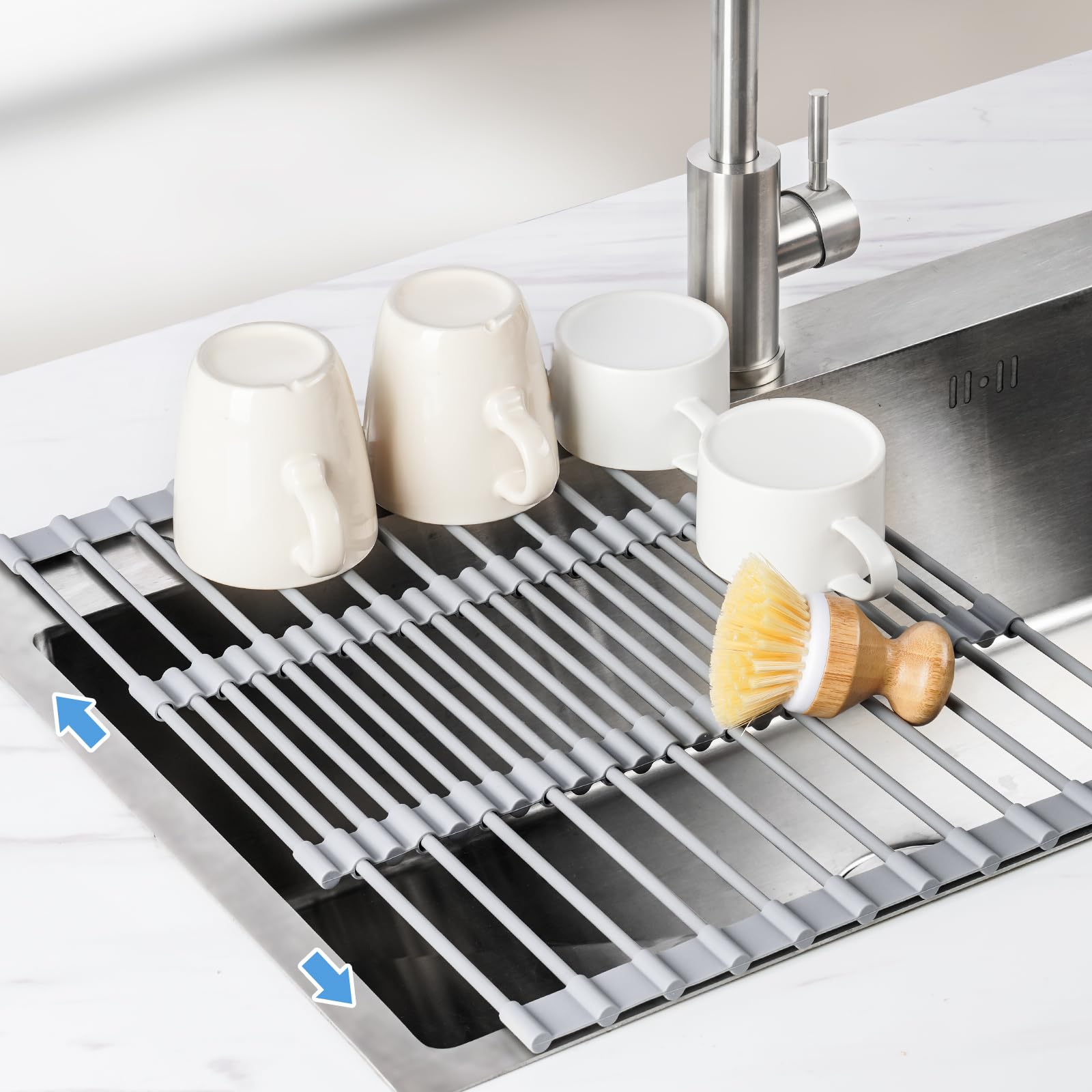 NiHome Expandable Roll-Up Dish Drying Rack, Full Silicone Coated, Adjustable Width, Space-Saving Kitchen Essential for Air-Drying Dishes, Fruits, Cookware, Easy Storage, Fits Most Sinks