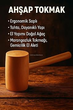 Ahşap Tokmak, El Yapımı Doğal Ağaç, Marangozluk Tokmağı, Gemicilik El Aleti, Mutfak, Kuruyemiş ve Zanaat İçin, Ergonomik Saplı, Tahta, Dayanıklı Yapı