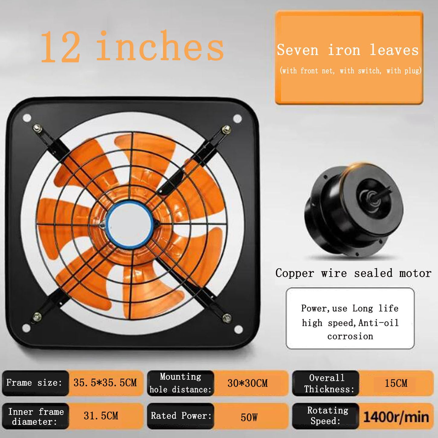 Aspiratore Bagno,Ventola Aspirazione con Interruttore,Metallo Estrattore Aria,Griglia Bifacciale,per Cucina,Lavanderia, Servizi Igienici, Garage,1400 Giri/Min,12 Inches