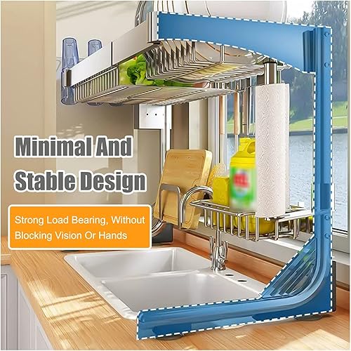 Miniatura 4 de Escurridor de platos para colocar sobre el fregadero, escurridor de platos ajustable de 2 niveles, soporte organizador de fregadero con soporte para