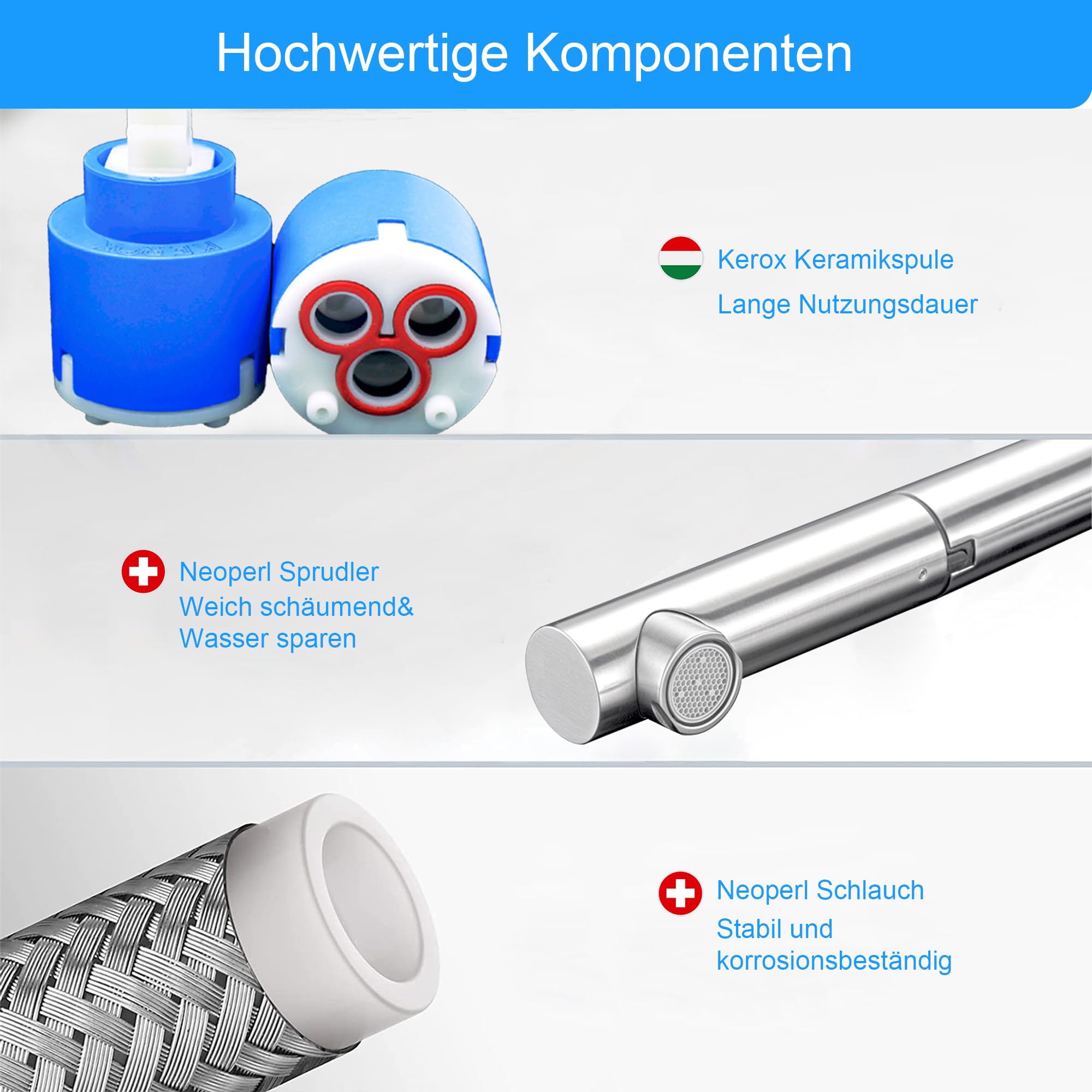 Edel & Bach hochwertiger Küchenarmatur, Wasserhahn aus SUS304 Edelstahl, 360° schwenkbare, ausziehbare Brause, gebürstete Oberfläche