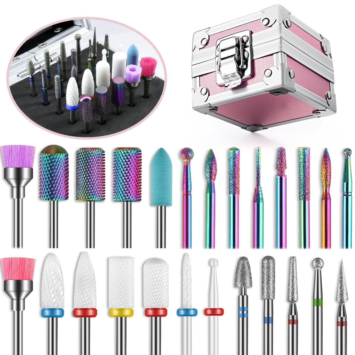 KASTWAVE 25Pcs Nail Drill Bits Set with Portable Pink Case, 3/32 Inch Drill Bits for Nails, Ceramic Diamond Carbide Cuticle Nail Bits effile Remover Bits bits for Home Salon Acrylic Gel Nail Polish