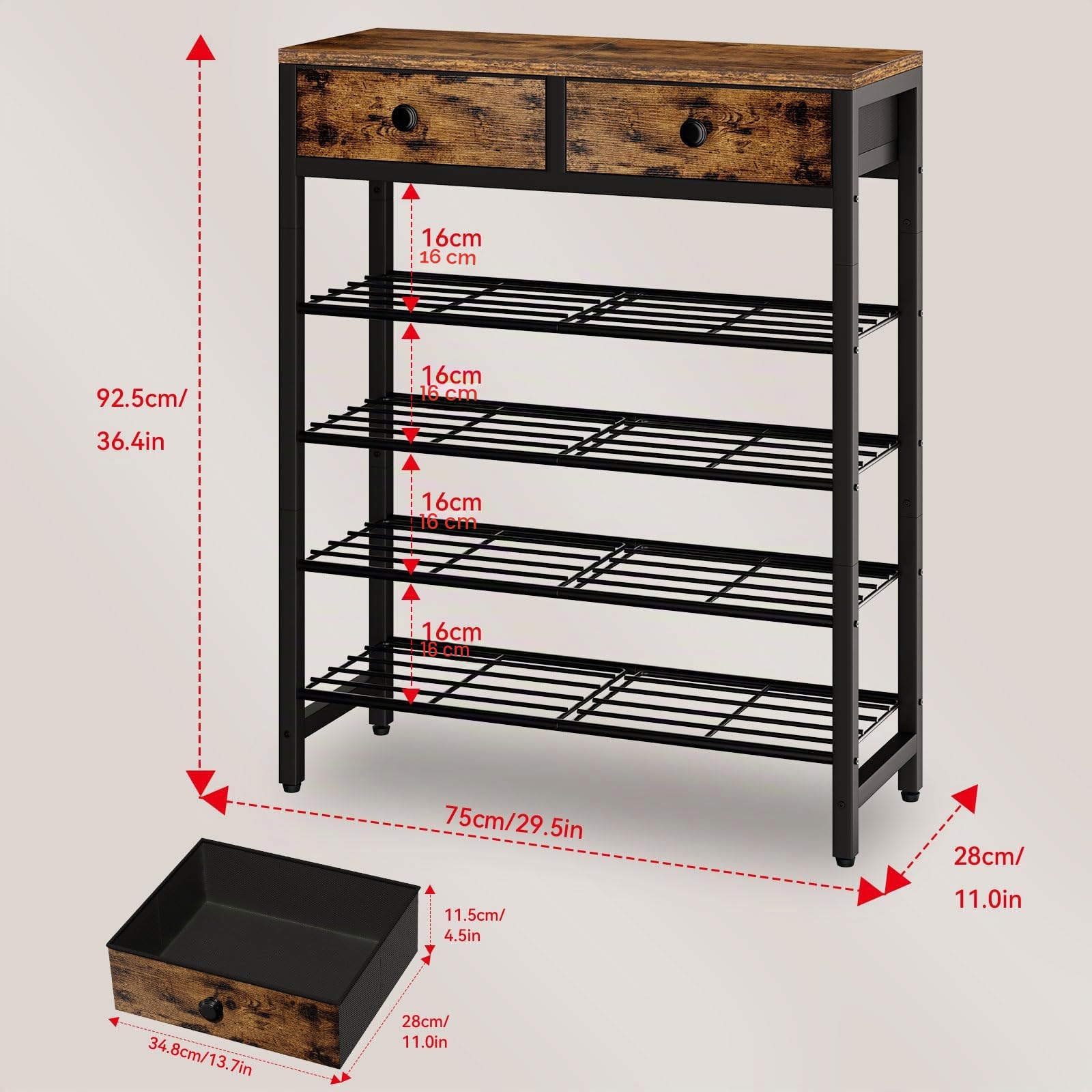 IBUYKE Scarpiera con 5 Ripiani, Scaffale Portascarpe con Ripiano per 12-16 Paia di Scarpe, Salvaspazio Scarpiera in Metallo con 2 Cassetti per Ingresso Corridoio Soggiorno, Marrone Rustico TXJ041H
