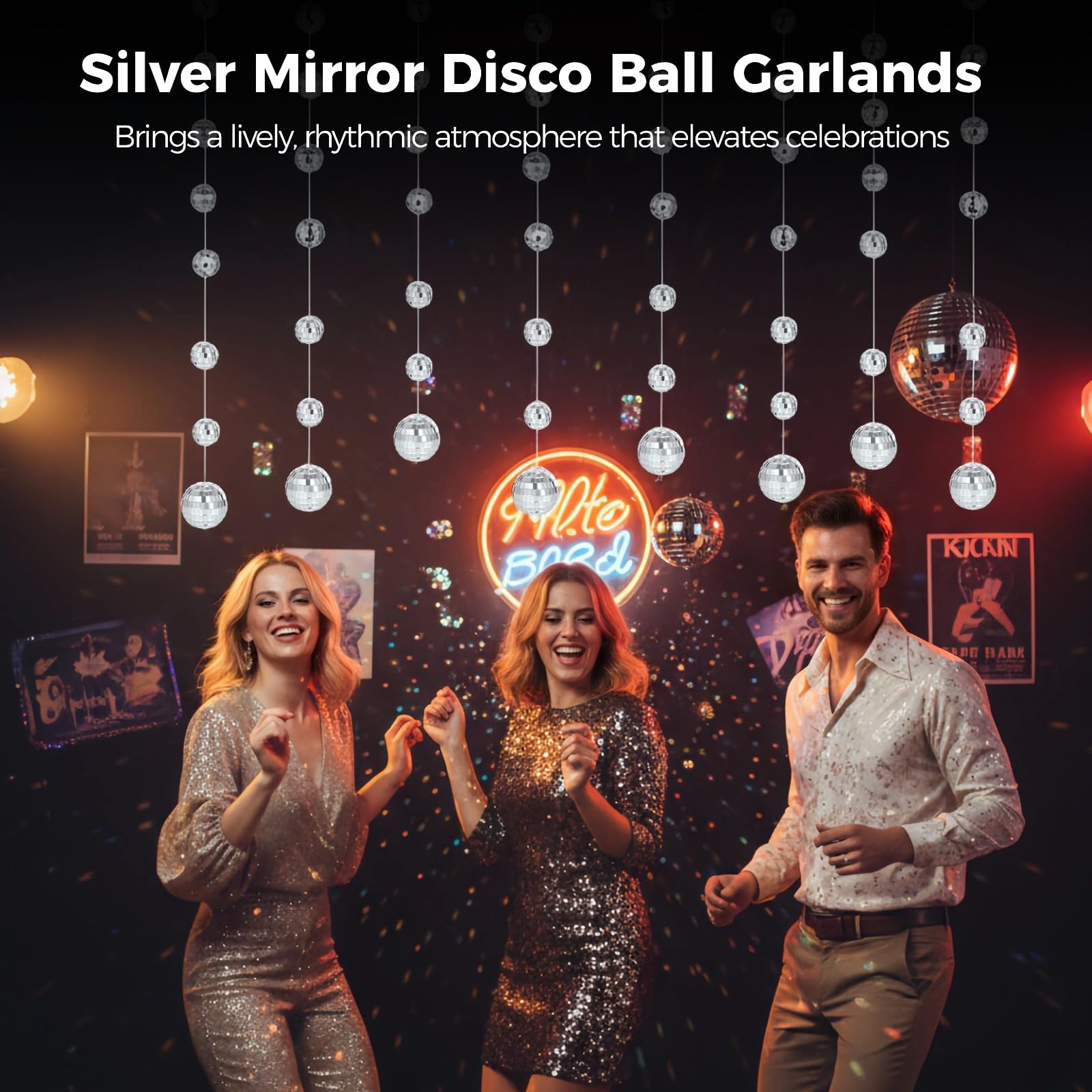 8 STK. Discokugel-Girlanden, Silberne Spiegelkugel-Hängeketten, Schimmernde Party-Hintergrundvorhänge, elastische Schnur mit einstellbarem Abstand, für Geburtstag, Hochzeit, Weihnachten