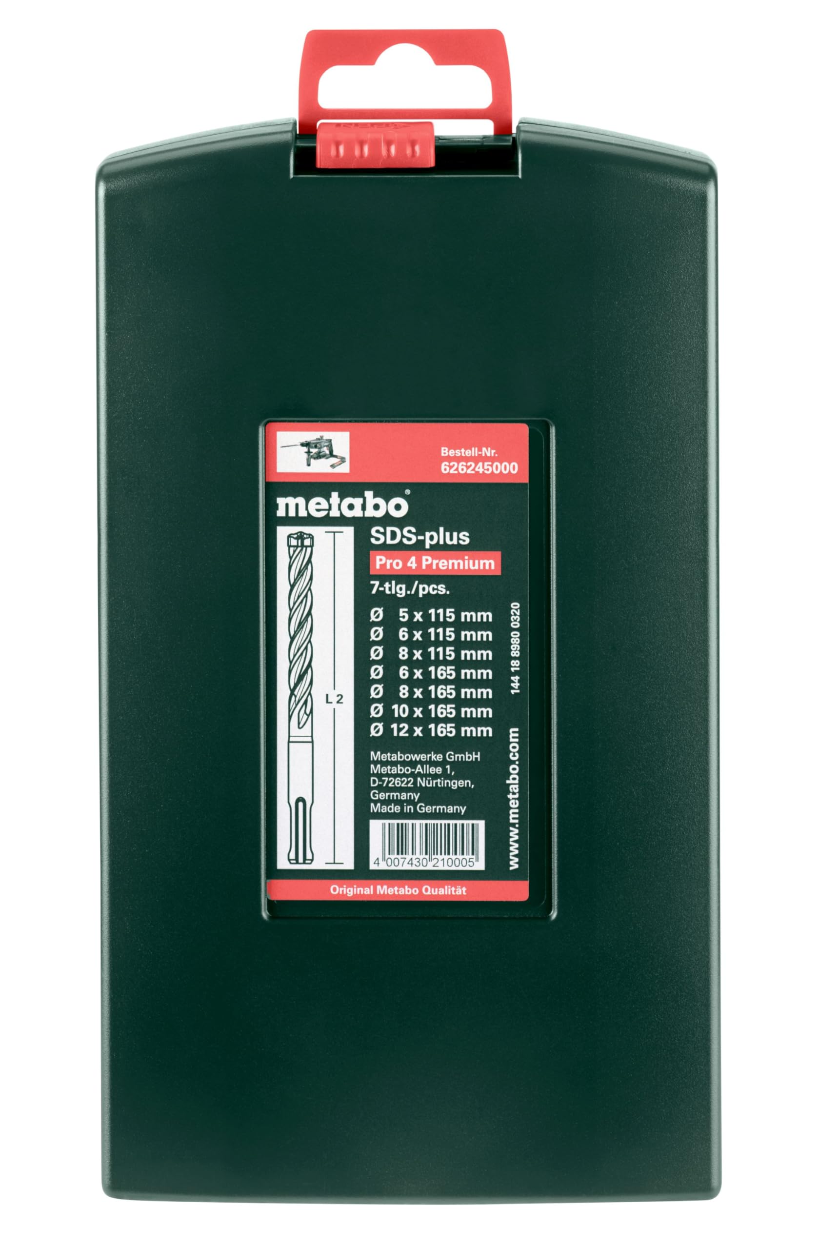 Metabo 626245000 626245000-Estuche de Brocas SDS-Plus Pro 4" Premium, Ø 5 x 115 mm 6 x 115 mm 8 x 115 mm 6 x 165 mm 8 x 165 mm 10 x 165 mm 12 x 160 mm, Set de 7 Piezas