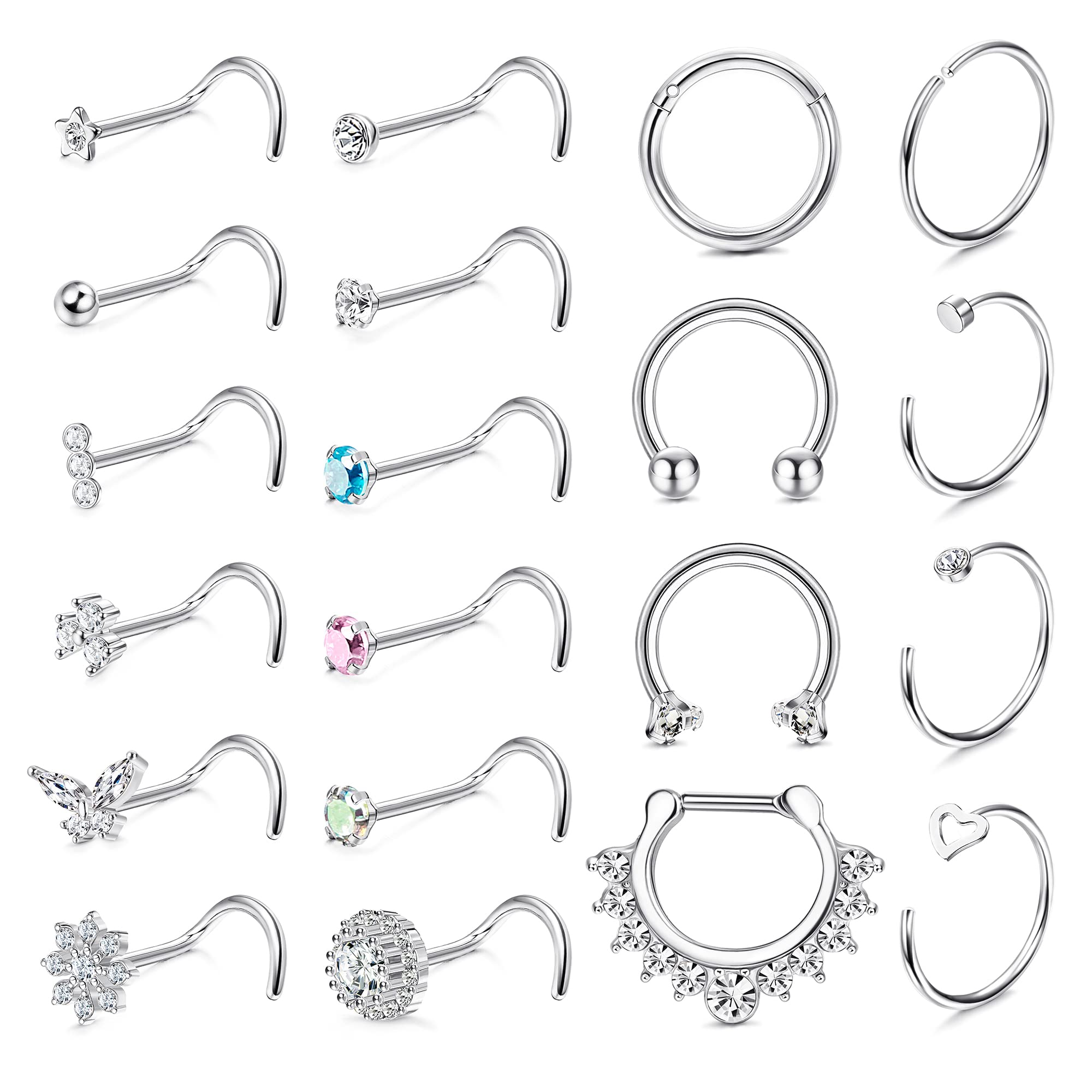 JeweBella 20 Piezas 20G Piercing Nariz Acero Quirurgico Hipoalergénicos Piercing Nariz Studs CZ Piercing Nariz Aro Piercing Septum Nariz Piercing Joyería para Mujer Hombre Plata/Oro/Oro Rosa/Negro