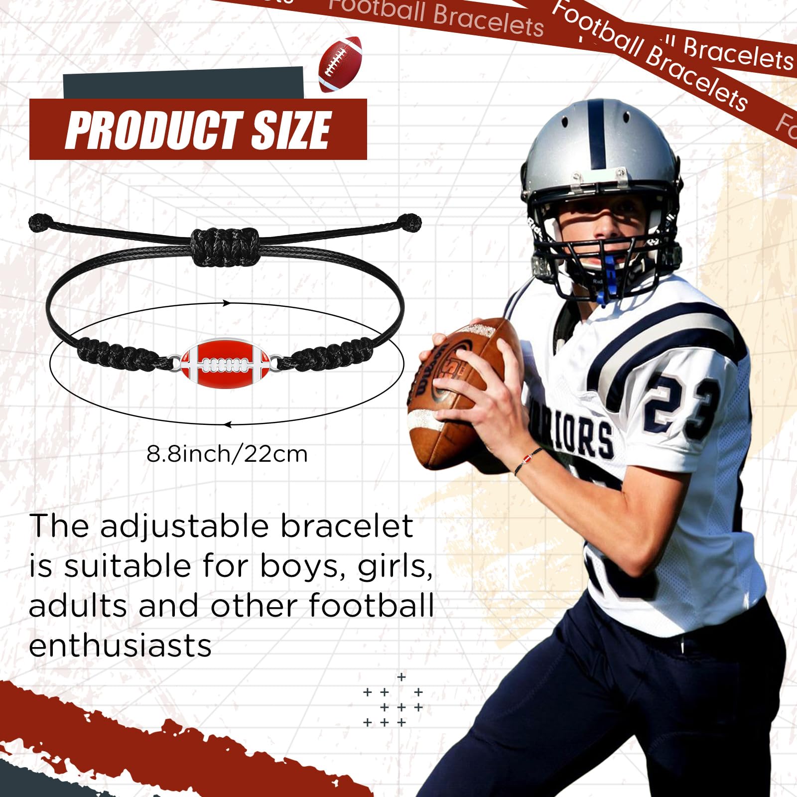 Sureio 20 Pcs Football Bracelets Party Favors Football Gifts Bulk Unisex Sports Bracelets Adjustable Charm Braided Rope for Women Men Teens Sport Team Players(Black)