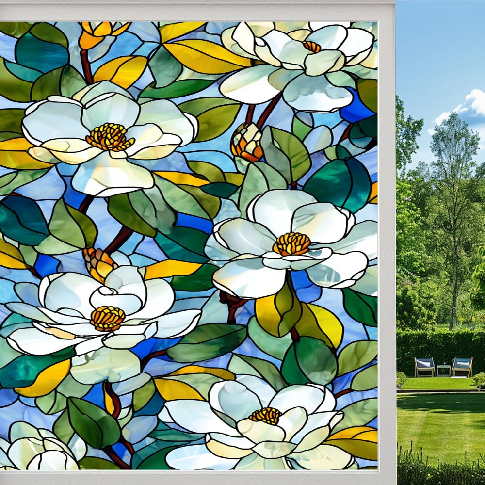 Pmlbaous Natural Flower Stained Glass Window Film, Magnolia Floral Plant Peel And Stick Privacy Film, Frosted Adhesive Vinyl Decorative For Bathroom Windows Glass Doors, （45X60cm）