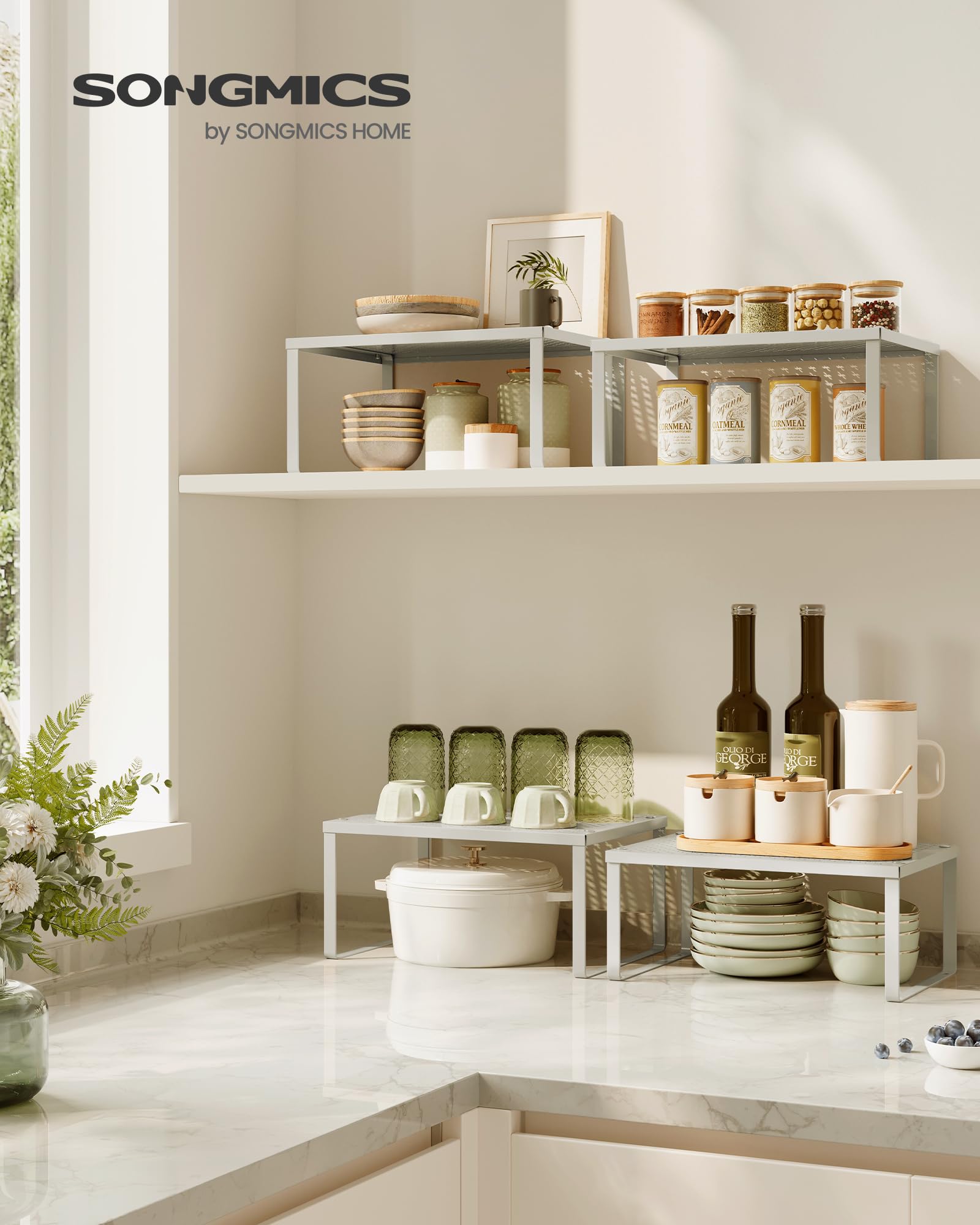 SONGMICS Spice Racks, Set of 2 Cupboard Organisers, Kitchen Storage, Stackable, Expandable, Metal Counter Shelves - Image 2