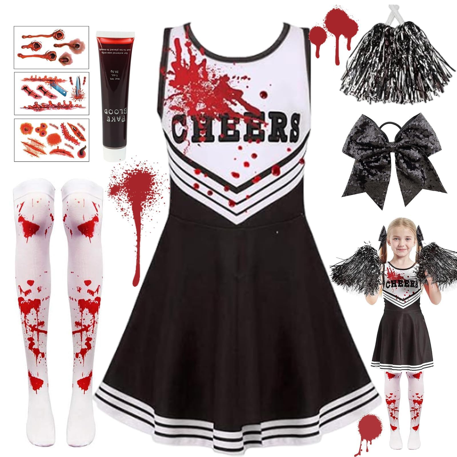 9PCS 130 yards/140 yards Cheerleader Outfit, Zombie Costume Cheerleader, Zombie Fancy Dress Outfit for Girls Girls' Cheerleader Uniform Outfits Womens Costume Cheerleader Costume Dress Outfit Kids